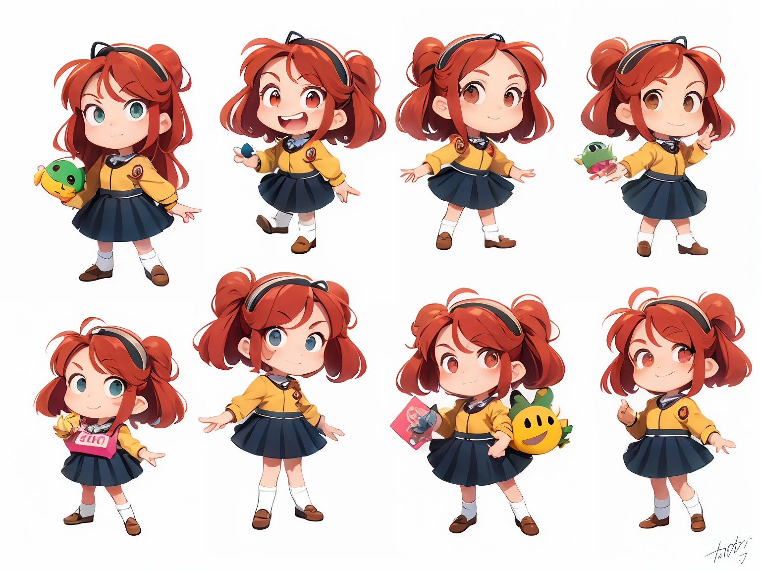 9 anos estilo cartoon bem infantil. kidny. personagem para capa de ebook infantil. Curly and red hair up to the shoulder. Bow on pink head. Olhos castanhos e grandes. pele branca. mesmo personagem. wearing dark blue skirt and white blouse as high school uniform. Meia branca e sapato preto, estilo cartoon. various poses, same character deta reference --auto --s2
