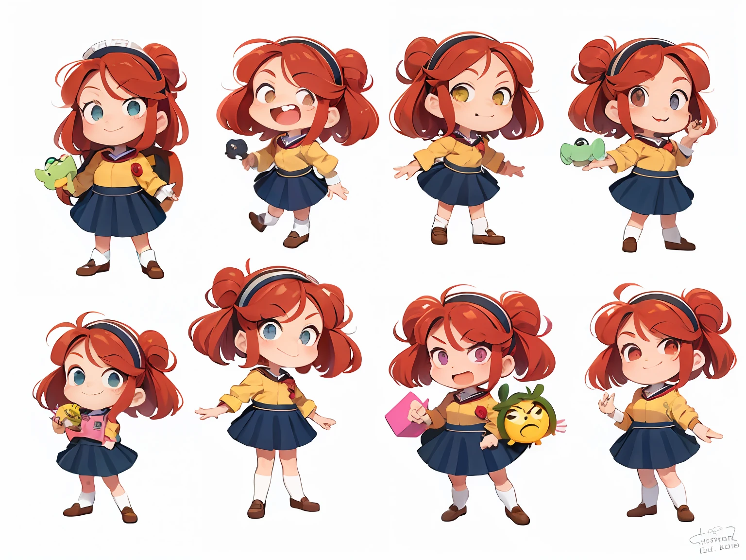 menina 9 anos estilo cartoon bem infantil. kidny. personagem para capa de ebook infantil. Curly and red hair up to the shoulder. Bow on pink head. Olhos castanhos e grandes. pele branca. mesmo personagem. wearing dark blue skirt and white blouse as high school uniform. Meia branca e sapato preto, estilo cartoon. various poses, same character deta reference --auto --s2