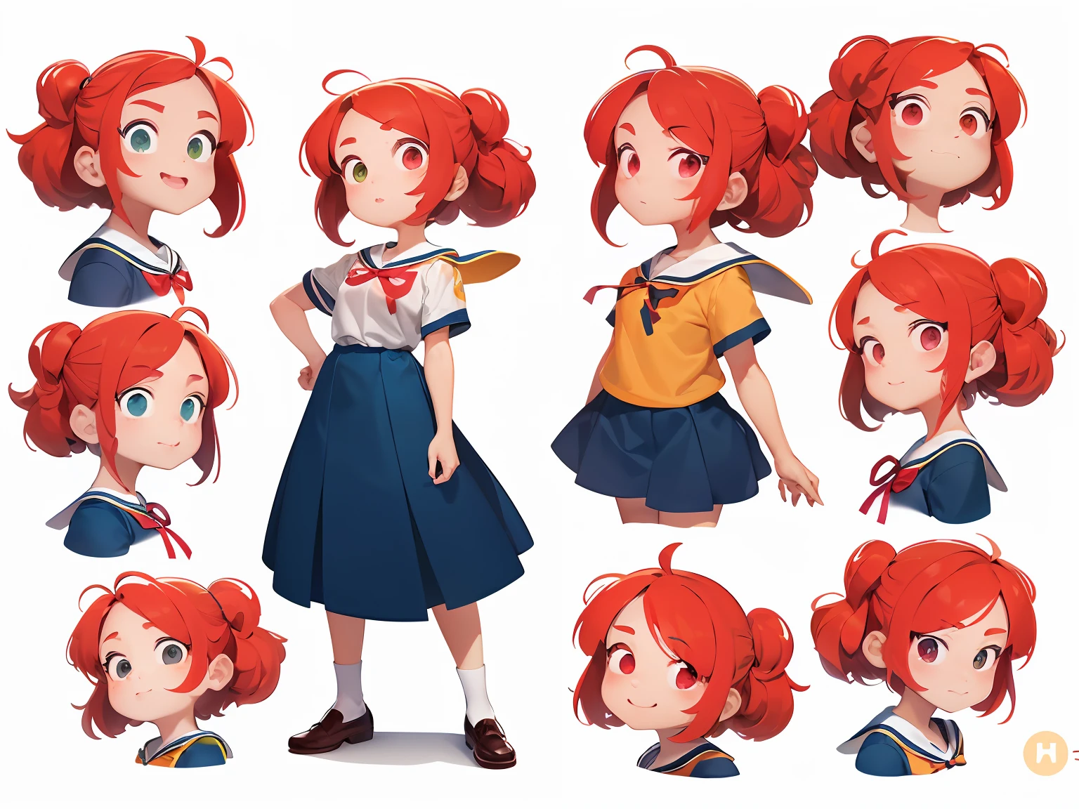 9 anos estilo cartoon bem infantil. kidny. personagem para capa de ebook infantil. Curly and red hair up to the shoulder. Bow on pink head. Olhos castanhos e grandes. pele branca. mesmo personagem. wearing dark blue skirt and white blouse as high school uniform. Meia branca e sapato preto, estilo cartoon. various poses, same character deta reference --auto --s2