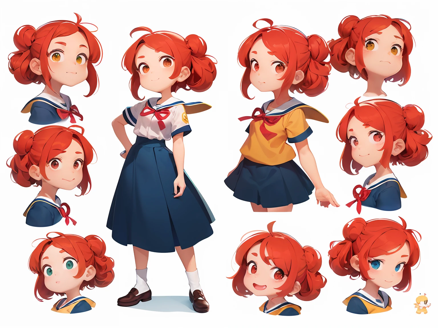 menina 9 anos estilo cartoon bem infantil. kidny. personagem para capa de ebook infantil. Curly and red hair up to the shoulder. Bow on pink head. Olhos castanhos e grandes. pele branca. mesmo personagem. wearing dark blue skirt and white blouse as high school uniform. Meia branca e sapato preto, estilo cartoon. various poses, same character deta reference --auto --s2