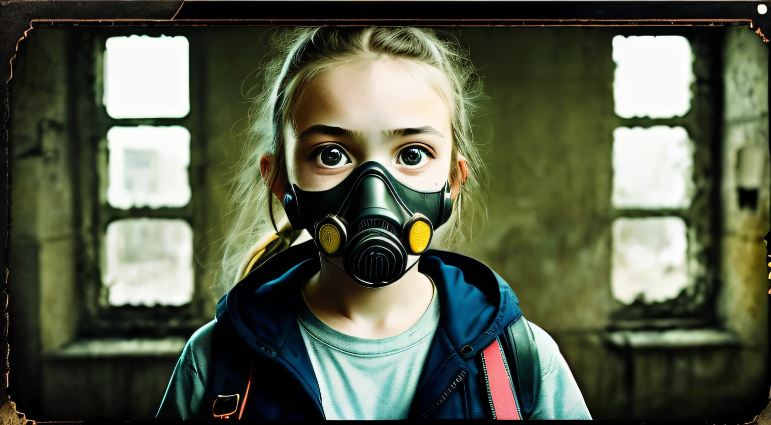 uma foto de uma 10 ANOS DE IDADE, PORTRAIT, post-apocalyptic with a gas mask on his face, foto de retrato, roupas futuristas, FIRE.