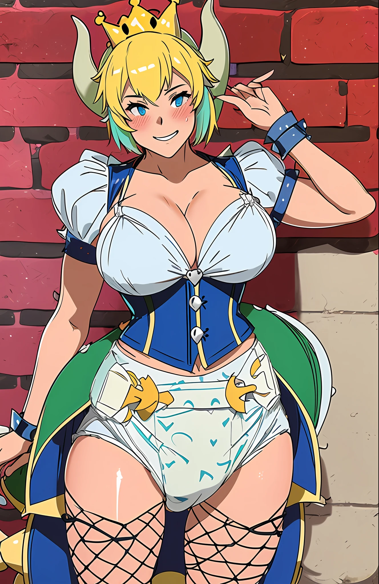 Sexy girls wearing (big diaper), ((bowsette)), busty, (big breasts), wide hips, (latex), stockings, fishnets, corsets, (hypnotized expression), ((hypnotic)), ((magical)), (blushing), ((embarrassed expression)), pleasure, ((orgasmic)), smiling, colorful, stage, stage lights, brick wall, (magic fog), ((mommydom))