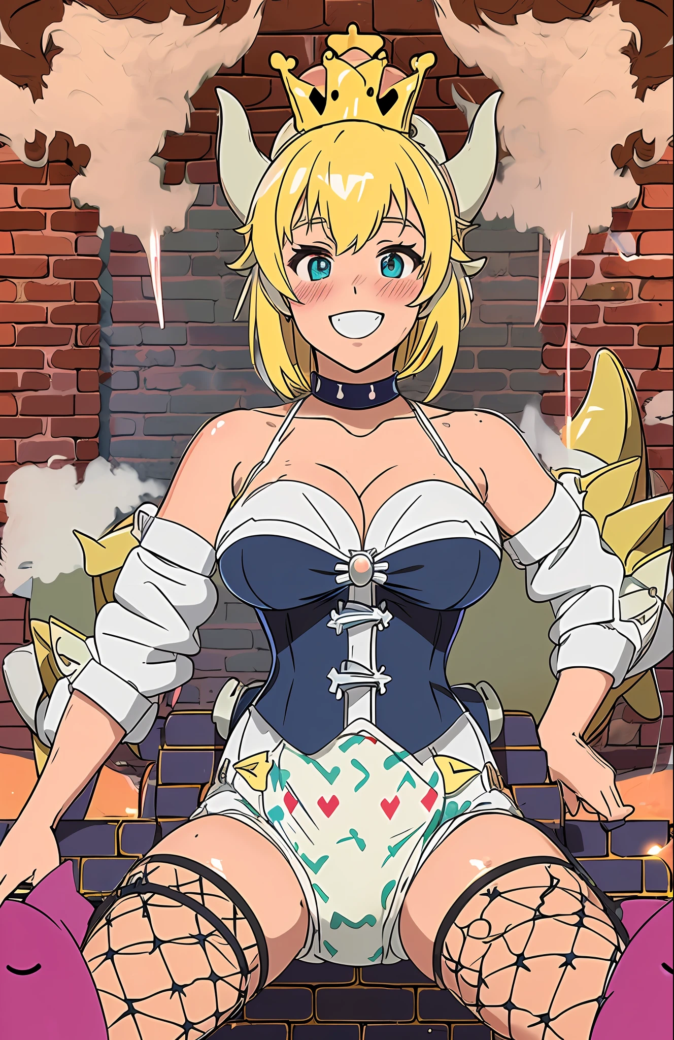 Sexy girls wearing (big diaper), ((bowsette)), busty, (big breasts), wide hips, (latex), stockings, fishnets, corsets, (hypnotized expression), ((hypnotic)), ((magical)), (blushing), ((embarrassed expression)), pleasure, ((orgasmic)), smiling, colorful, stage, stage lights, brick wall, (magic fog), ((mommydom))