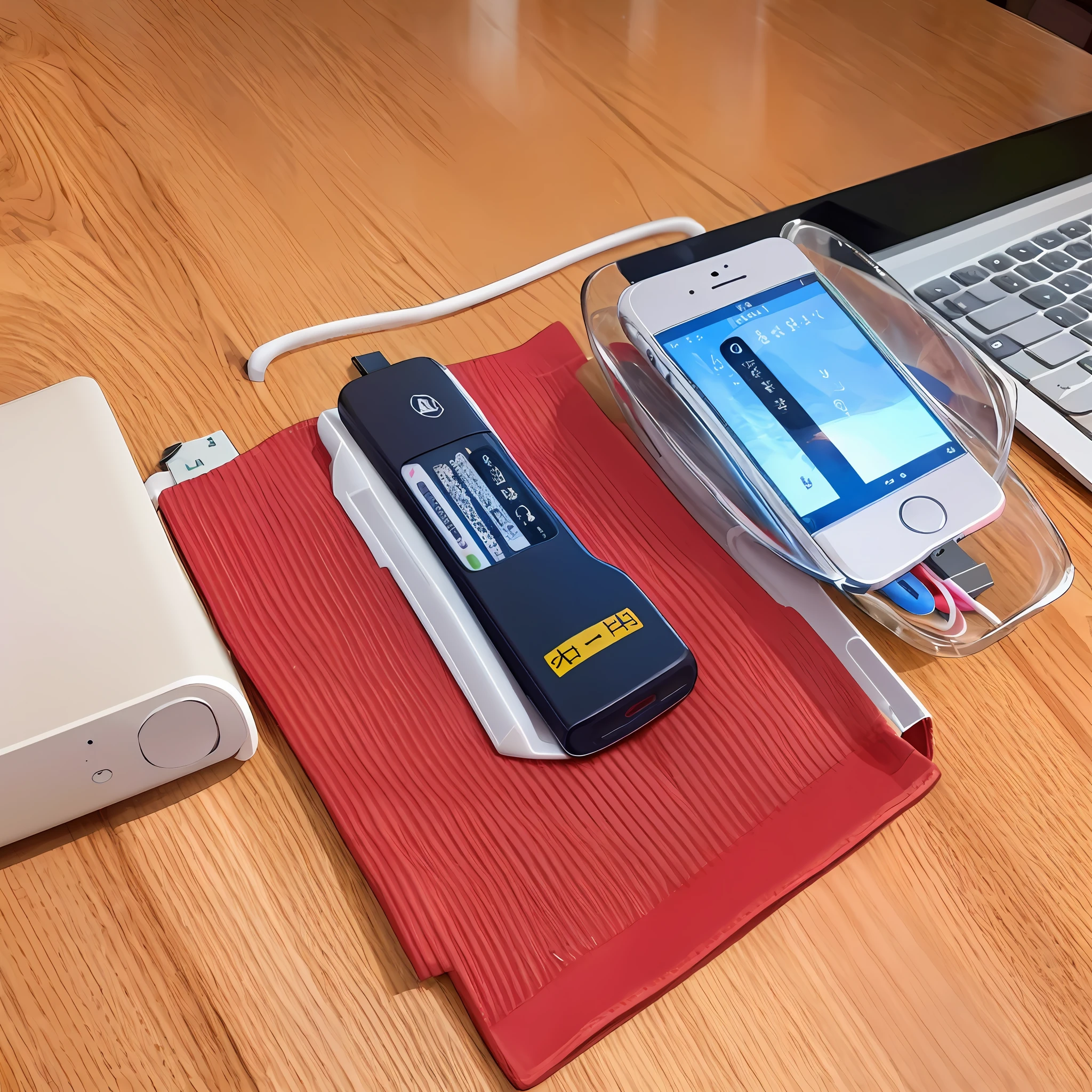There is only one USB stick on the table,Do not appear any text symbols on the surface of the USB disk,A little decoration on the table,Give this USB stick a close-up,Overall bright style。