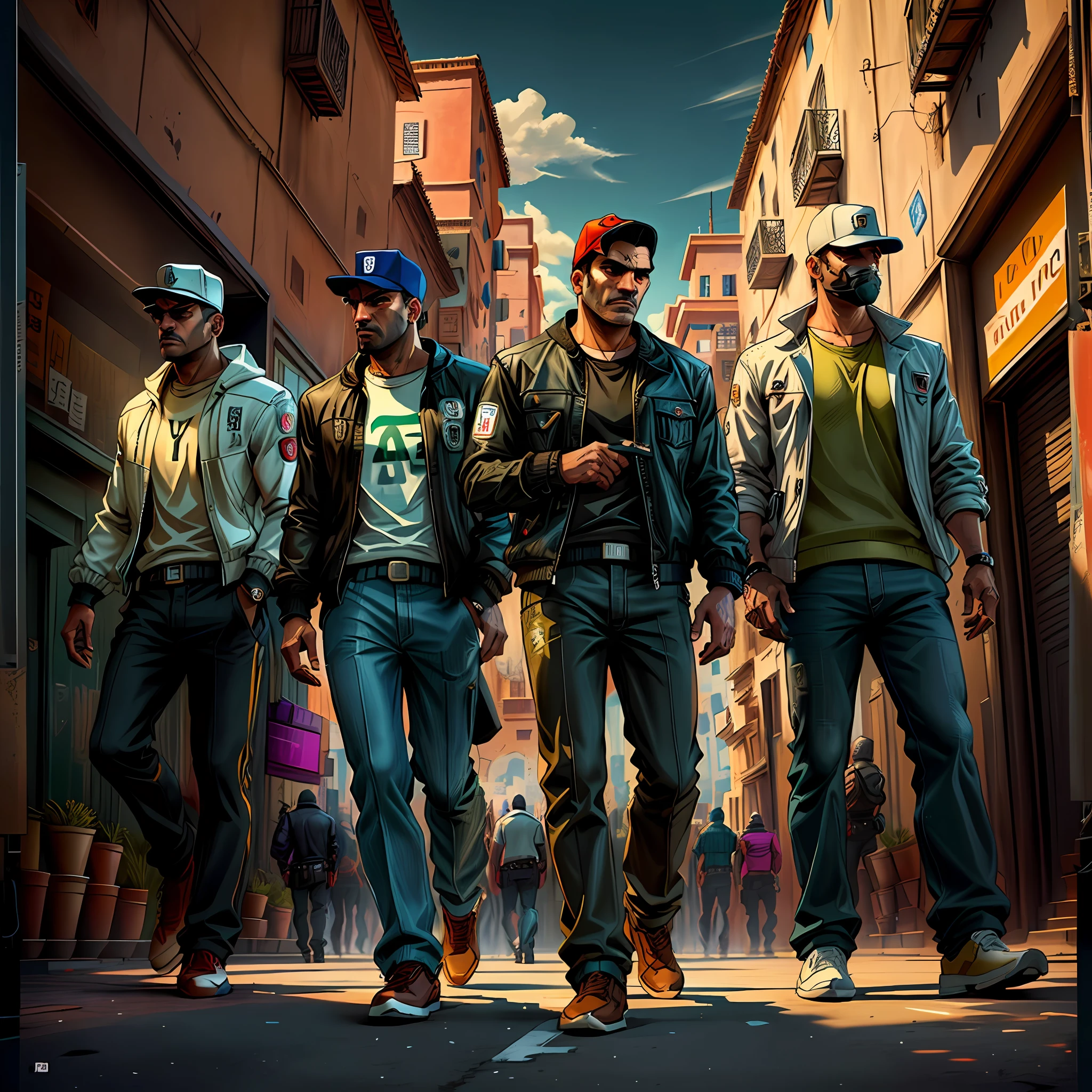Image of a group of Moroccan men walking down a street in Marrakech, les mains dans les poches, Dressed as Super Mario , 2D Game Art GTA Cover, 2 D Game Art GTA Cover, Style artistique GTA, Grand Theft Auto Style, Style artistique GTA, Style de GTA V, 2D Game Art GTA5 Cover, Affiche du jeu, Style GTA, style of gta v artworks, Couverture GTA, gta loading screen art