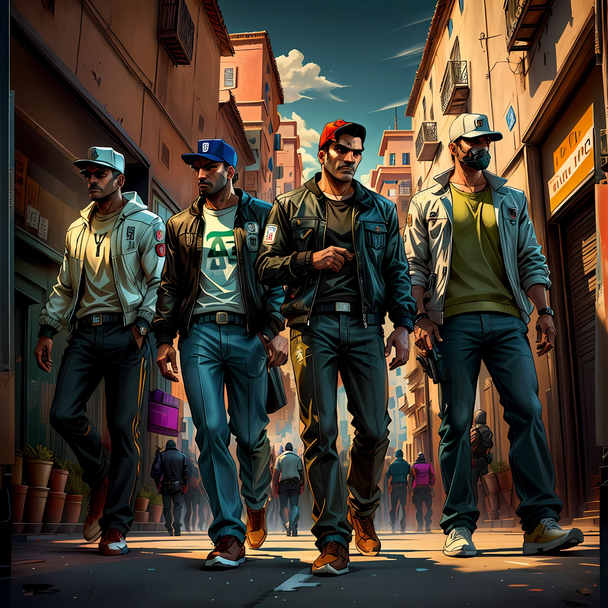 Image of a group of Moroccan men walking down a street in Marrakech, les mains dans les poches, Dressed as Super Mario , 2D Game Art GTA Cover, 2 D Game Art GTA Cover, Style artistique GTA, Grand Theft Auto Style, Style artistique GTA, Style de GTA V, 2D Game Art GTA5 Cover, Affiche du jeu, Style GTA, style of gta v artworks, Couverture GTA, gta loading screen art