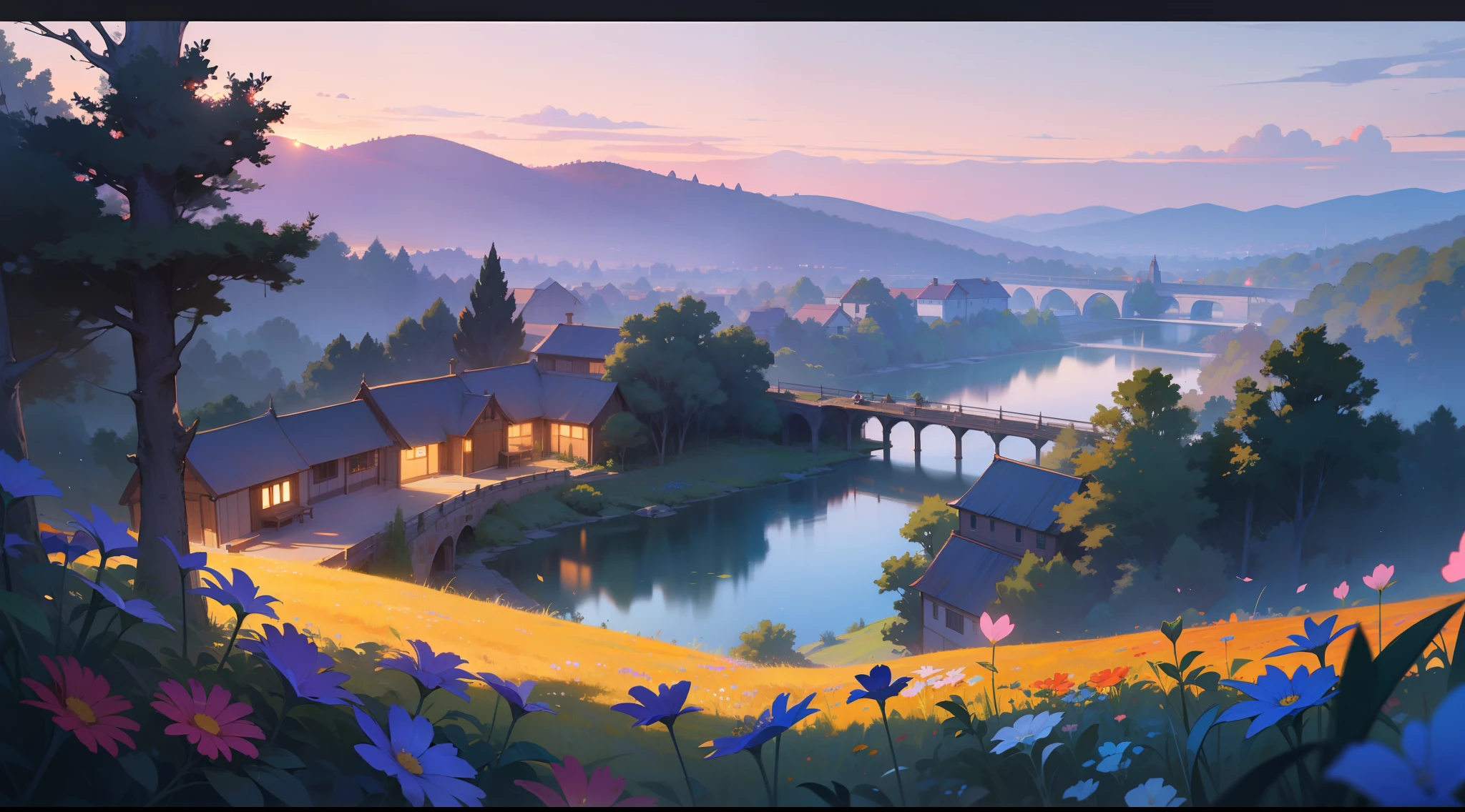 At the edge of a serene, azure lake lies a picturesque village nestled among rolling hills and vibrant flower fields. The quaint cottages are adorned with blooming vines, and a charming stone bridge spans across the tranquil waters, connecting the village to a lush, untouched forest. The air is filled with the sweet fragrance of wildflowers, and as the sun sets, the sky transforms into a canvas of warm oranges, pinks, and purples, casting a magical glow over the idyllic scene. It's a serene and enchanting vista that captivates the soul. A masterpiece, 8K, best quality, ultra-detailed, cinematic beautiful lighting, intricate details, looking at viewer, depth of field