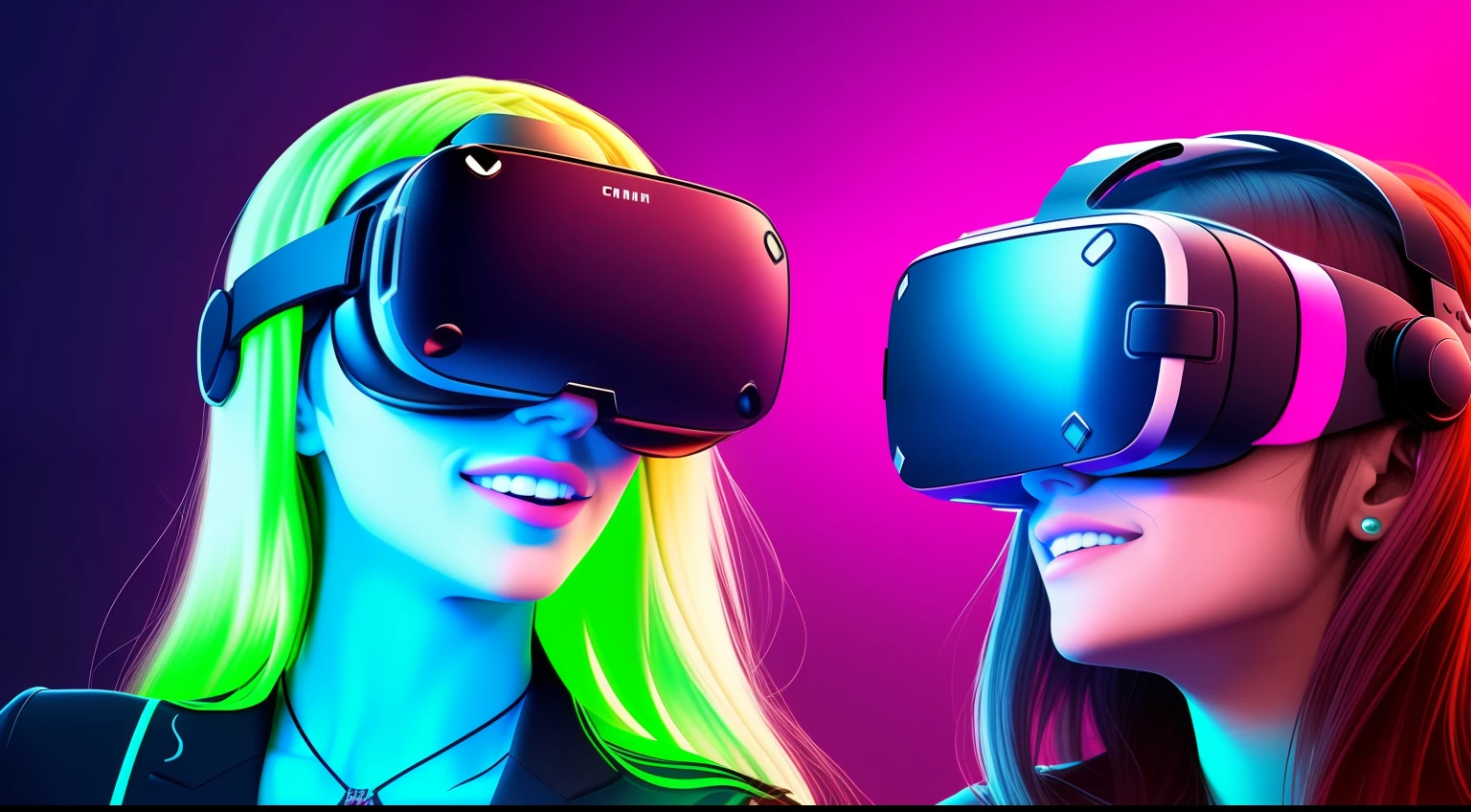Fun in a future and image with neon colors, pessoas usando oculos de realidade virtual --auto
