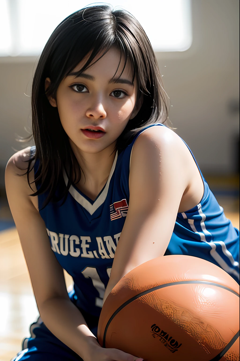 (8k, Best Quality, Masterpiece: 1.2), (Realistic, Photorealistic: 1.37), Super Detailed, Best Quality, Super High Resolution, Professional Lighting, Photon Mapping, Radiosity, Physically Based Rendering, Cinematic Lighting , basketball court, depth of field, focus, sun rays, good composition, (bokeh: 1.2), 1 girl, (whole body), (closed mouth), beautiful eyes, pose, constriction, basketball uniform, black hair , messy hair, long hair blowing in the wind,(ulzzang-6500:1.2) mix4, hiqcgbody