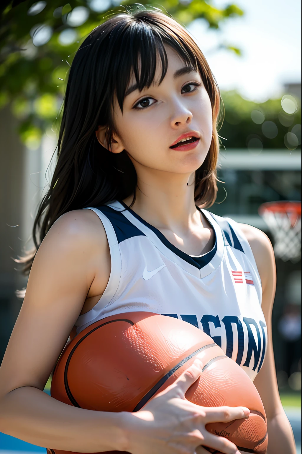 (8k, Best Quality, Masterpiece: 1.2), (Realistic, Photorealistic: 1.37), Super Detailed, Best Quality, Super High Resolution, Professional Lighting, Photon Mapping, Radiosity, Physically Based Rendering, Cinematic Lighting , basketball court, depth of field, focus, sun rays, good composition, (bokeh: 1.2), 1 girl, (whole body), (closed mouth), beautiful eyes, pose, constriction, basketball uniform, black hair , messy hair, long hair blowing in the wind,(ulzzang-6500:1.2) mix4, hiqcgbody