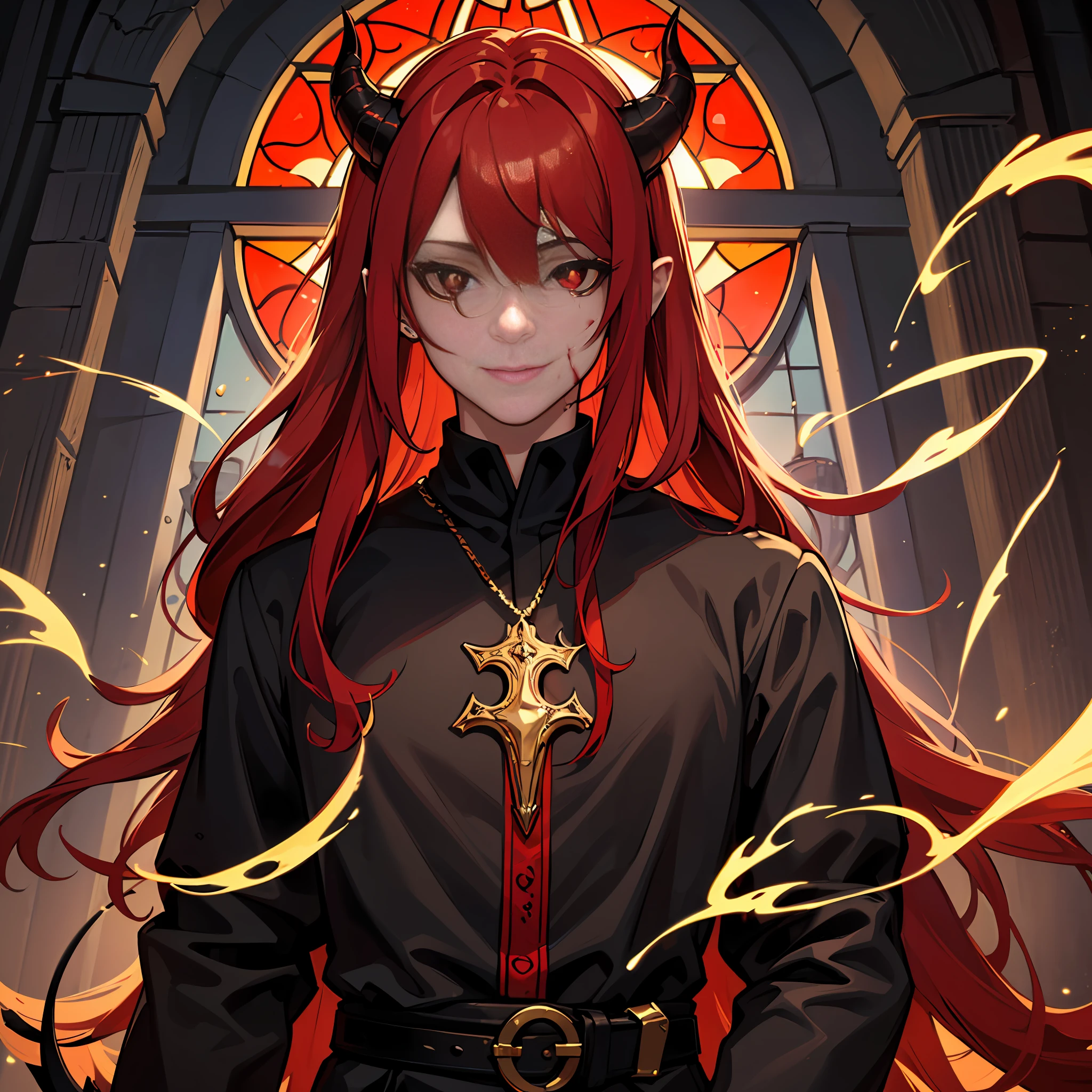 (absurd, highres, ultra-detailed),(((( 1 male)))), ???, finely detailed eyes, ((red hair)), complex pattern, detailed face, magic effect, best proportion four fingers and one thumb, blood, red aura, smile, closed mouth, ((glowing red eyes)), torn clothes, cassock, ((black eye sclera)), demon tail, church in the background, bloody hands, crying blood, macabre, gothic, ((long hair)), no duplicates