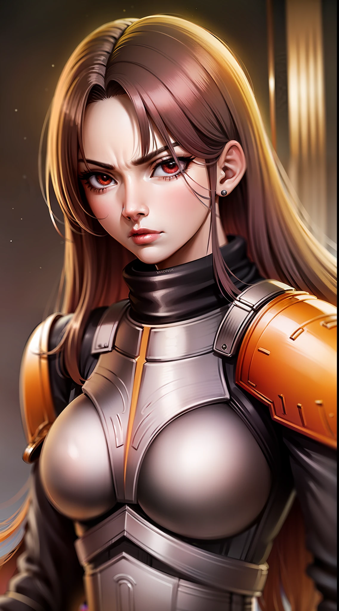 Adult woman, long brown hair, red eyes, angry, Mandalorian armor, black lightsaber, Masterpiece, hig quality