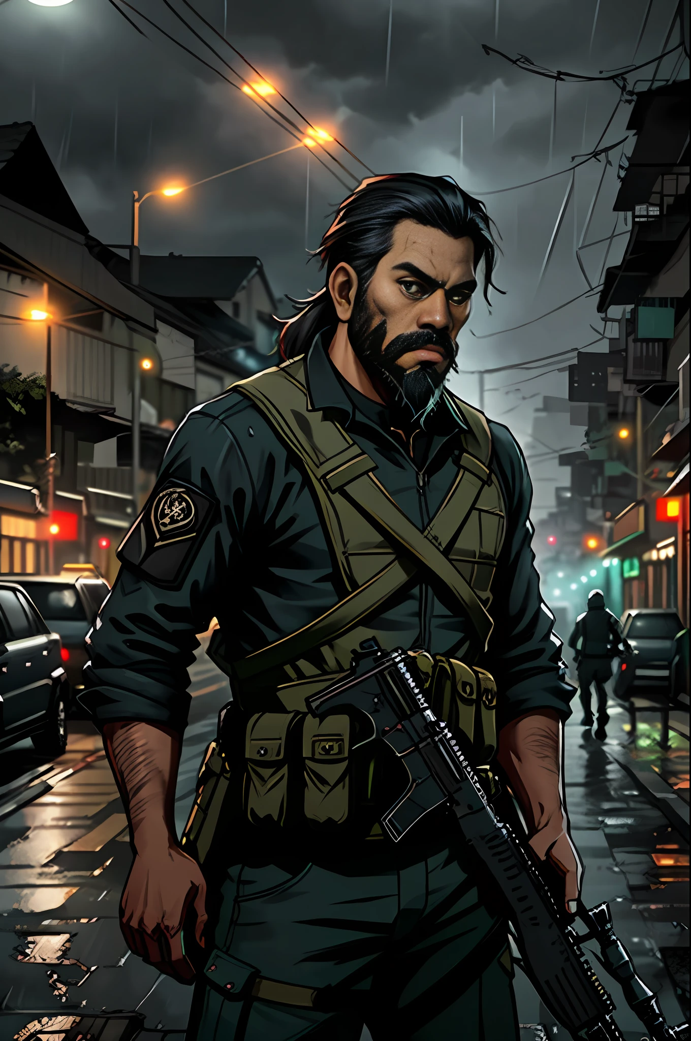 Indonesian guerrilla vigilante with worn black tactical uniform, uses rifle, beard, ruined background, realistic, stylish, hdr, intricate details, hyperdetailed, cinematic, rim light, danger atmosphere, noir, night, red light, dark street, rain, 4k, Jakarta City Background