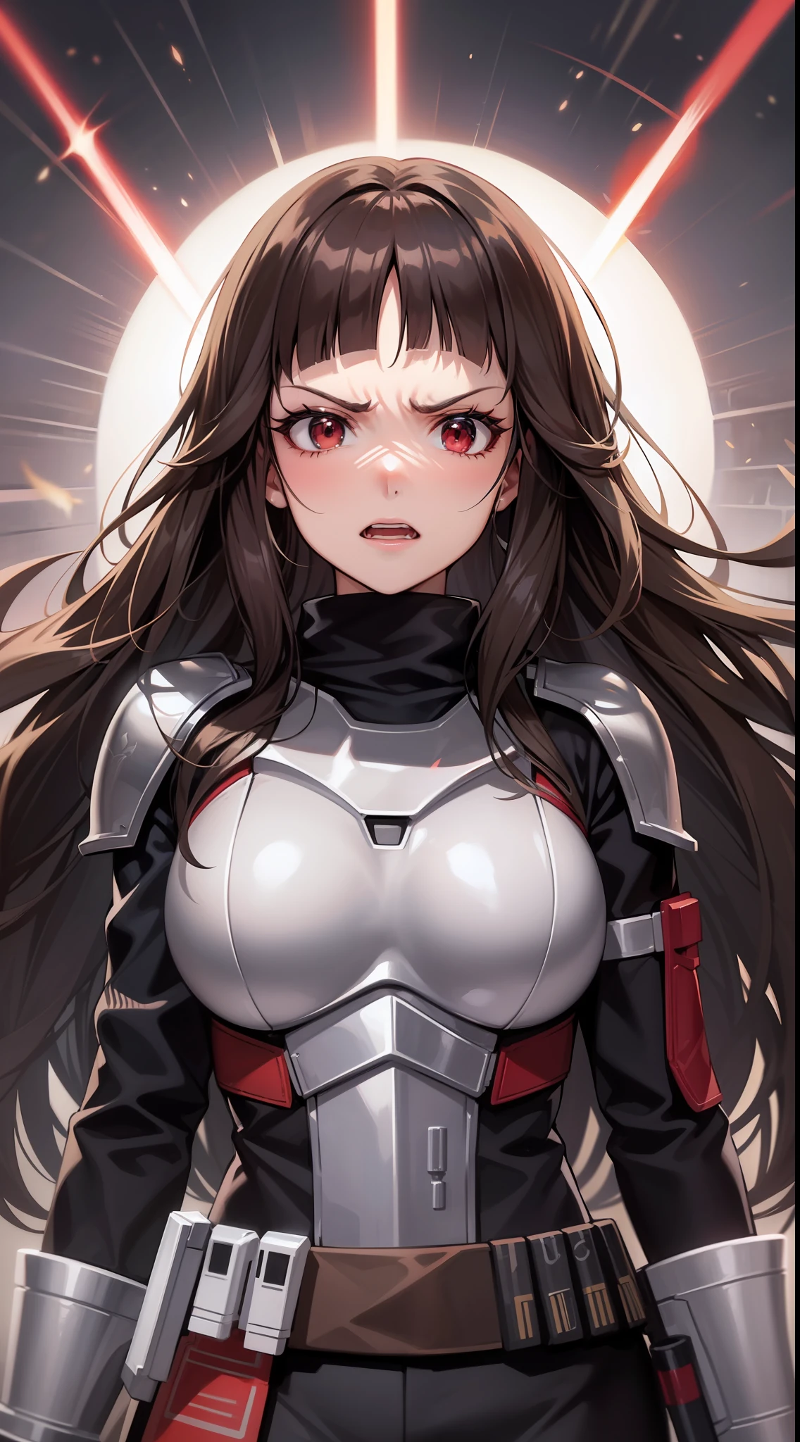 Adult woman, long brown hair, red eyes, angry, Mandalorian armor, black lightsaber, Masterpiece, hig quality