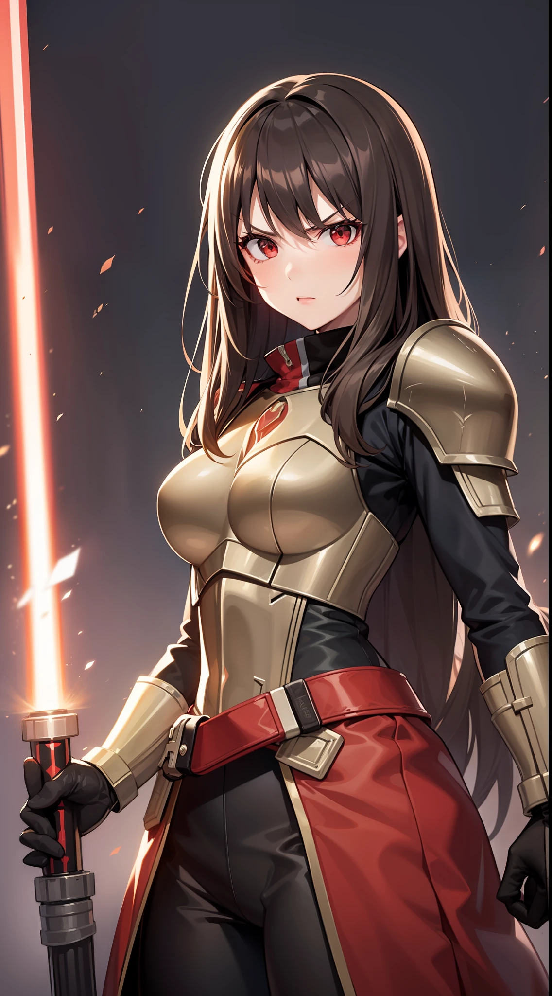 Adult woman, long brown hair, red eyes, angry, Mandalorian armor, black lightsaber, Masterpiece, hig quality