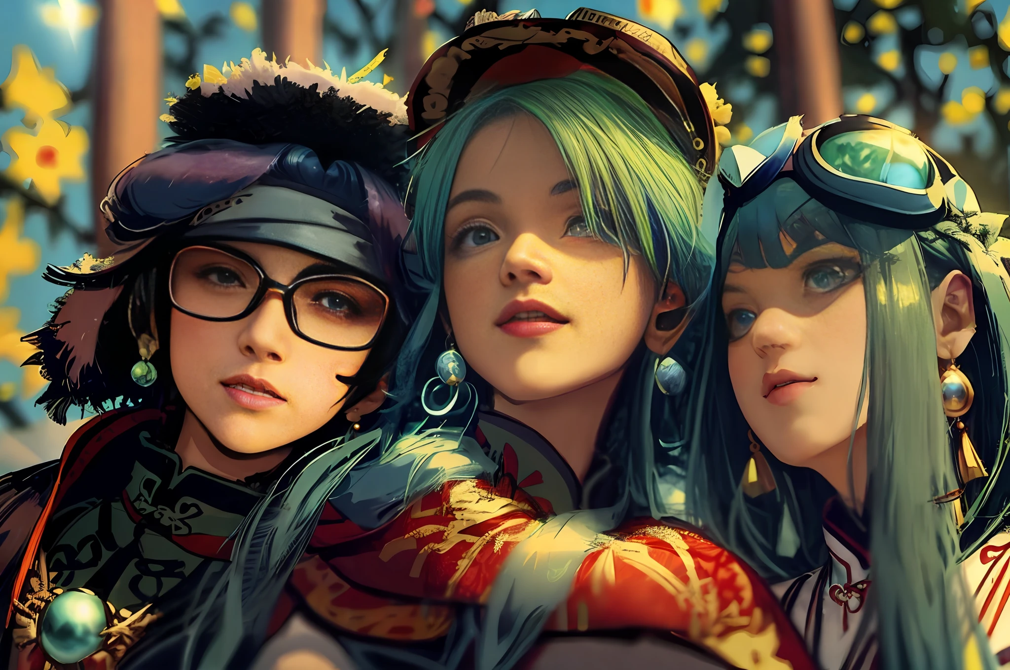 three anime characters with blue hair and glasses posing for a picture, artwork in the style of guweiz, anime style 4 k, anime style digital art, 2. 5 d cgi anime fantasy artwork, Detailed Digital Anime Art, Anime Style. 8K, guweiz, digital anime art, fanart best artstation, artgerm. Anime illustrations、Mature girls、Green pupil、Blue-white hair color、Floating hair、Delicate and flexible eyes、Complex damask hanf、Luxury Accessories、wearing pearl earrings、FOV、F / 1.8、A masterpie、Ancient Chinese style architecture、blue skies、Petals flying、Frontal portrait shot、Chang'e、sidelit、The human々Sunlight、8K、Alphonse Mucha