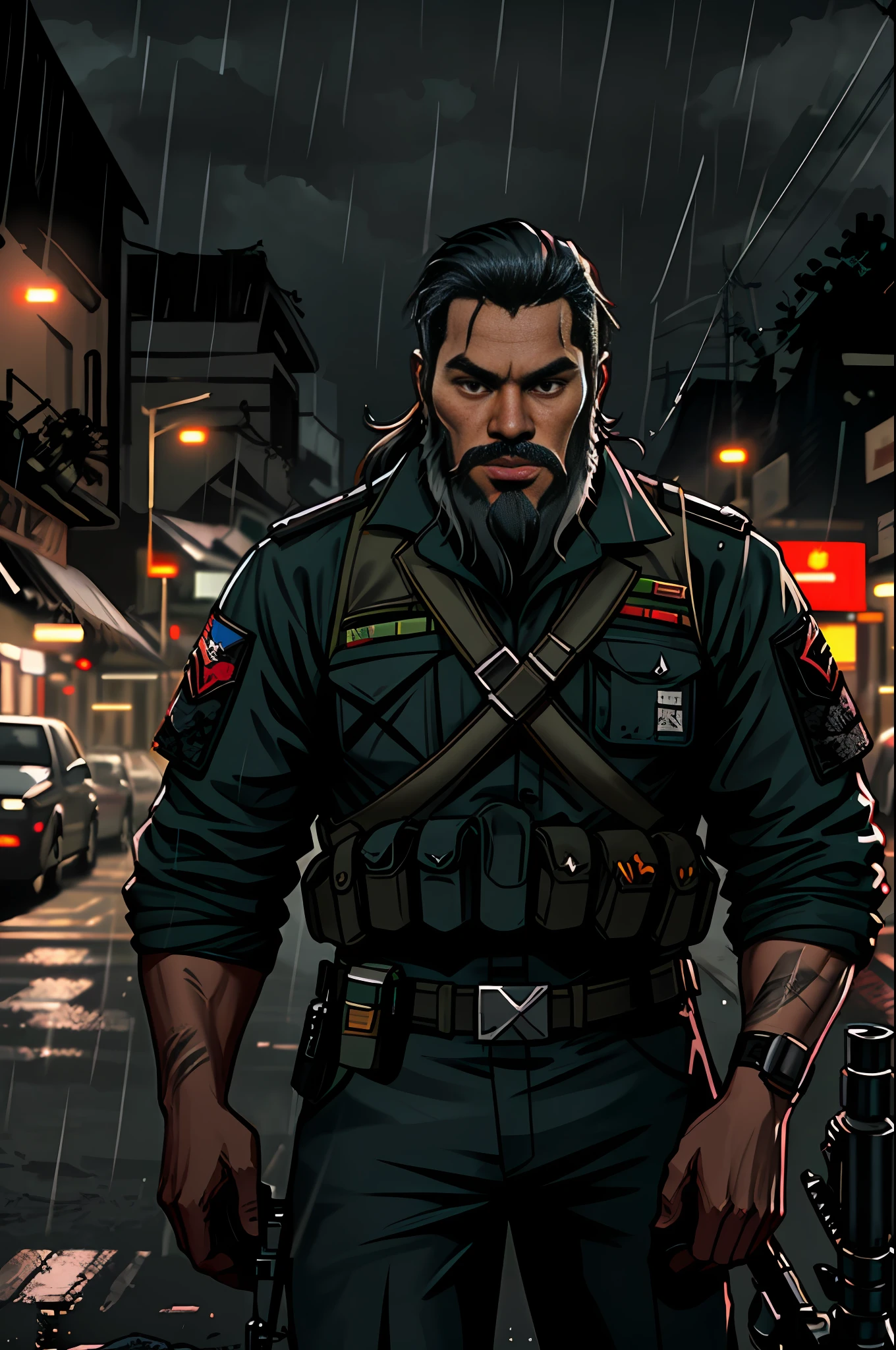 Indonesian guerrilla vigilante with worn black tactical uniform, uses rifle, beard, ruined background, realistic, stylish, rutkowski, hdr, intricate details, hyperdetailed, cinematic, rim light, danger atmosphere, noir, night, red light, dark street, rain, 4k, Jakarta City Background
