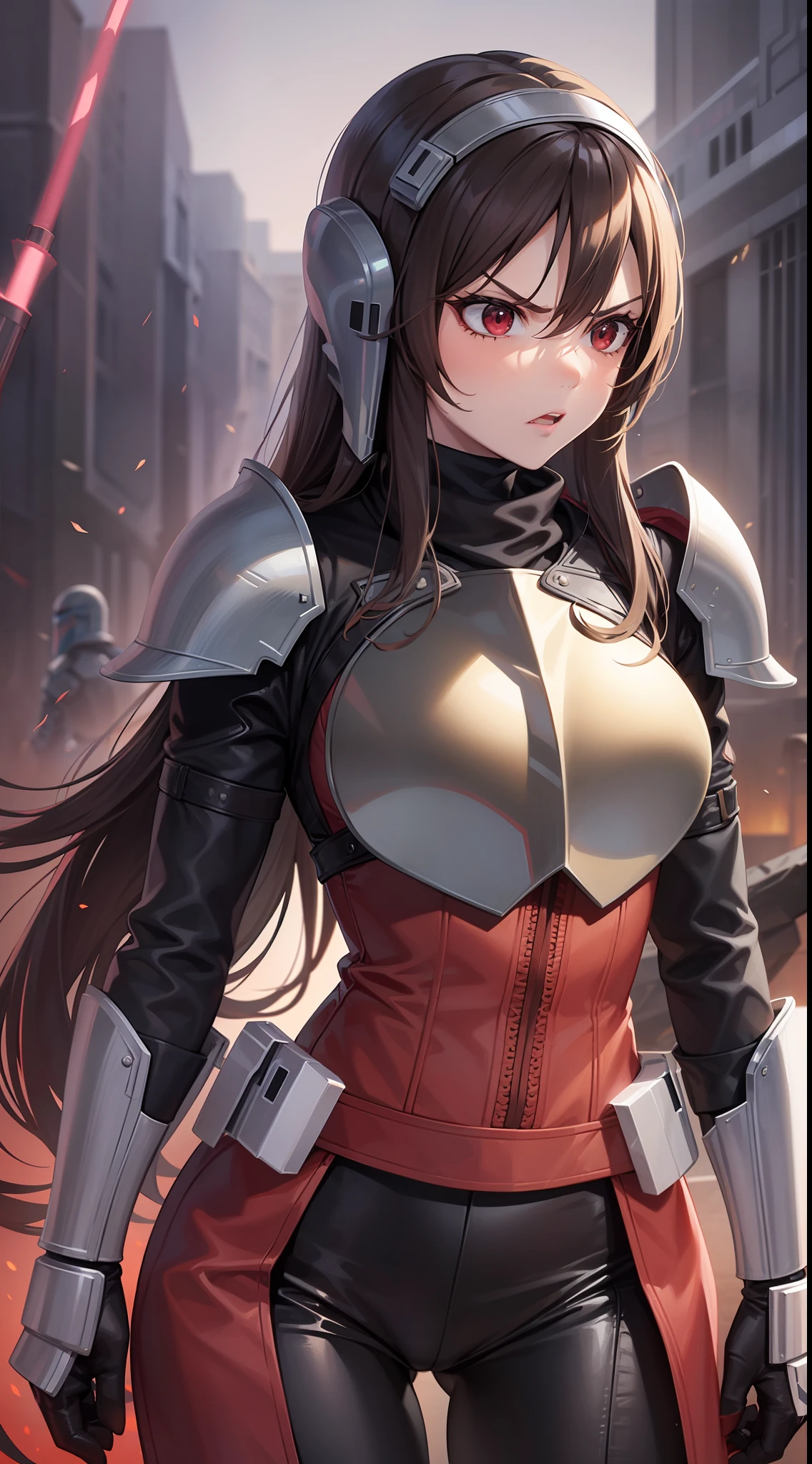 Adult woman, long brown hair, red eyes, angry, Mandalorian armor, black lightsaber, Masterpiece, hig quality