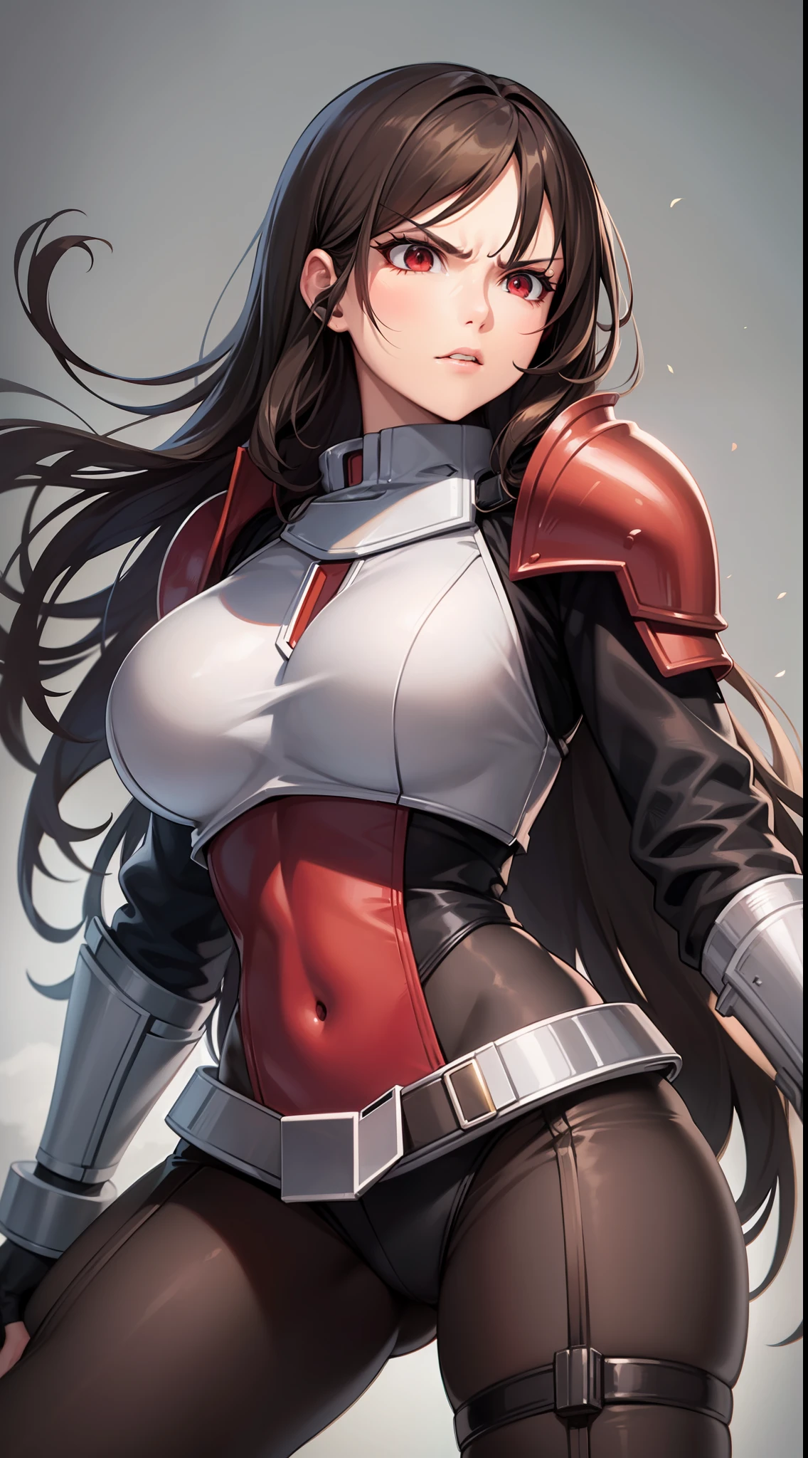 Adult woman, long brown hair, red eyes, angry, Mandalorian armor, black lightsaber, Masterpiece, hig quality