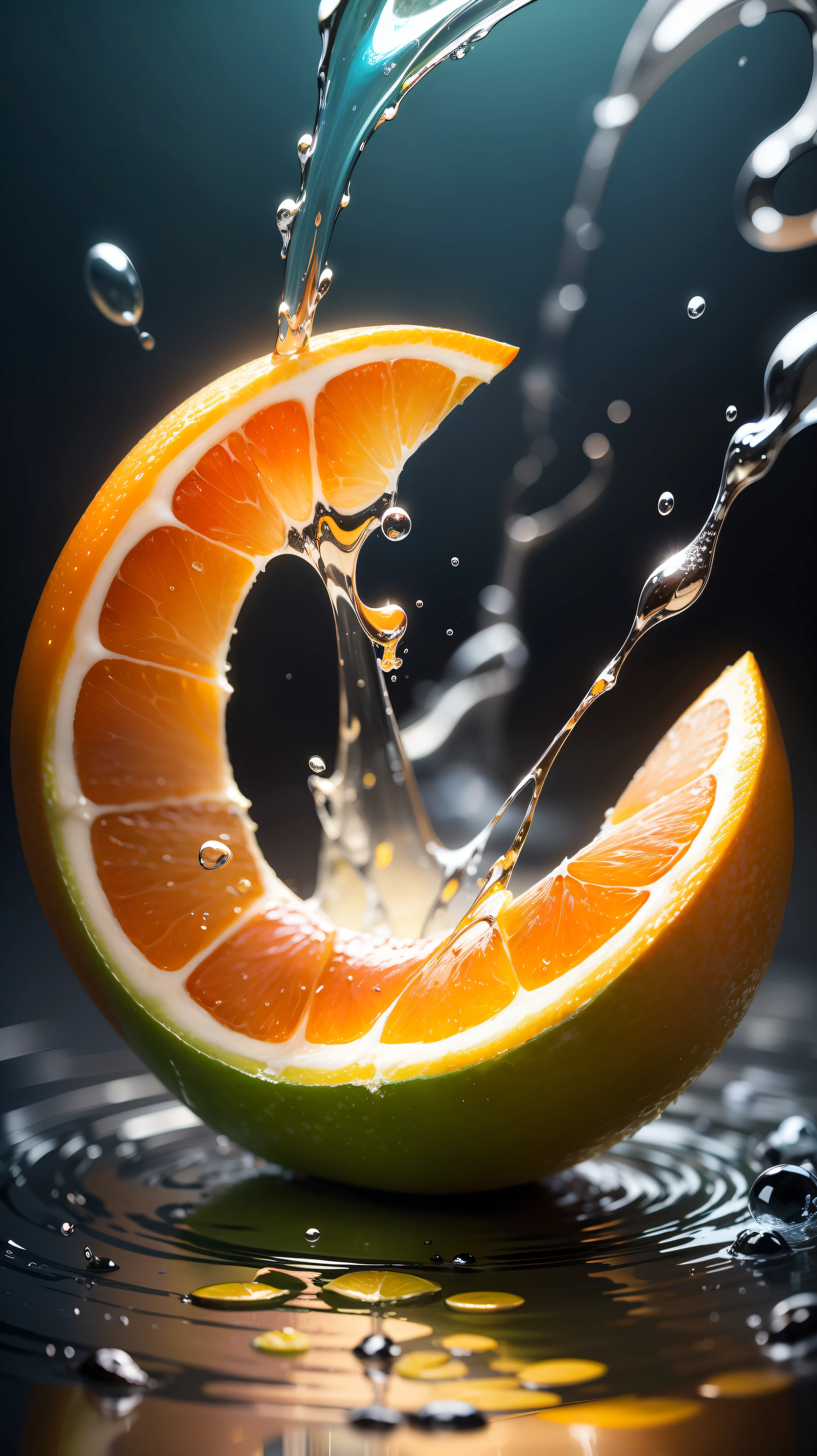 Orange slices with water,colorful,neon,watery,high resolution, high quality
