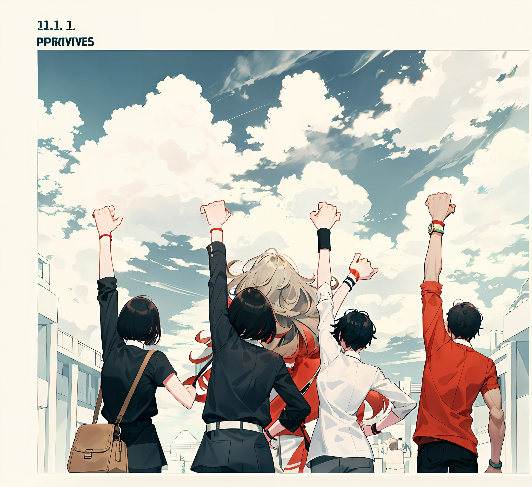 Three girls and one boy,Pose(Arms up + Happy),fists in the air, Hands raised, triumphant pose,(Ink primitive art:1.2),(line art:1.33),(best possible quality,The Masterpiece),need,White-colored skin,white blouse shirt,long trousers,A muscle,Petite,Bright,Clouds,Tuuli,miji,Colorful,al fresco,full full body,simplebackground,black haired(Beautiful detailed face,Beautiful detailed eyes),Turn your back to the audience,back