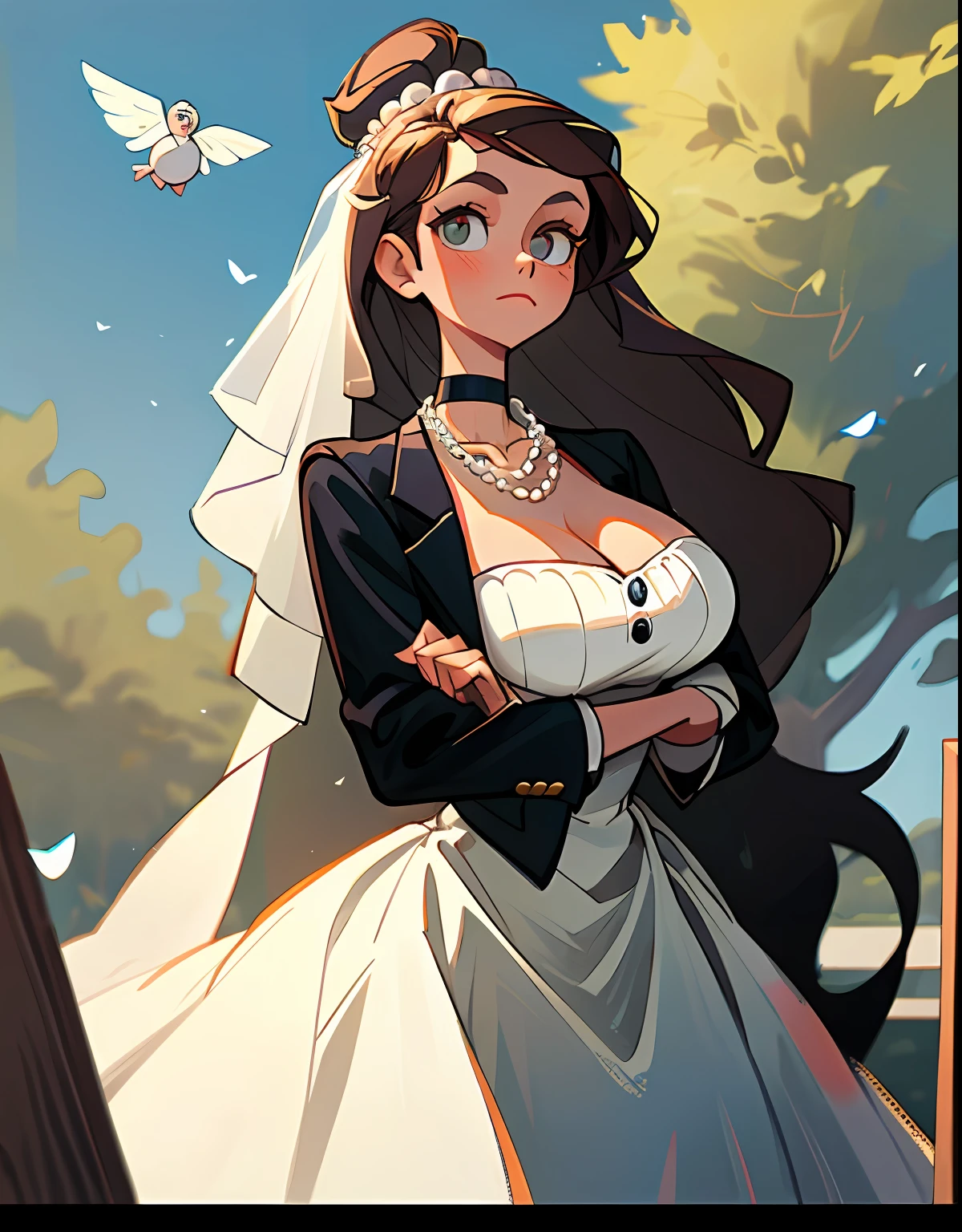 Painting of a woman with a pearl necklace on her head, aesthetic cute with flutter, European and American cartoons, Brunette Big breasts, no outline, Long straight hair, A clear sky，massive trees，Wedding dresses，Short black blazer，Pearl buttons，apathetic，pearl choker