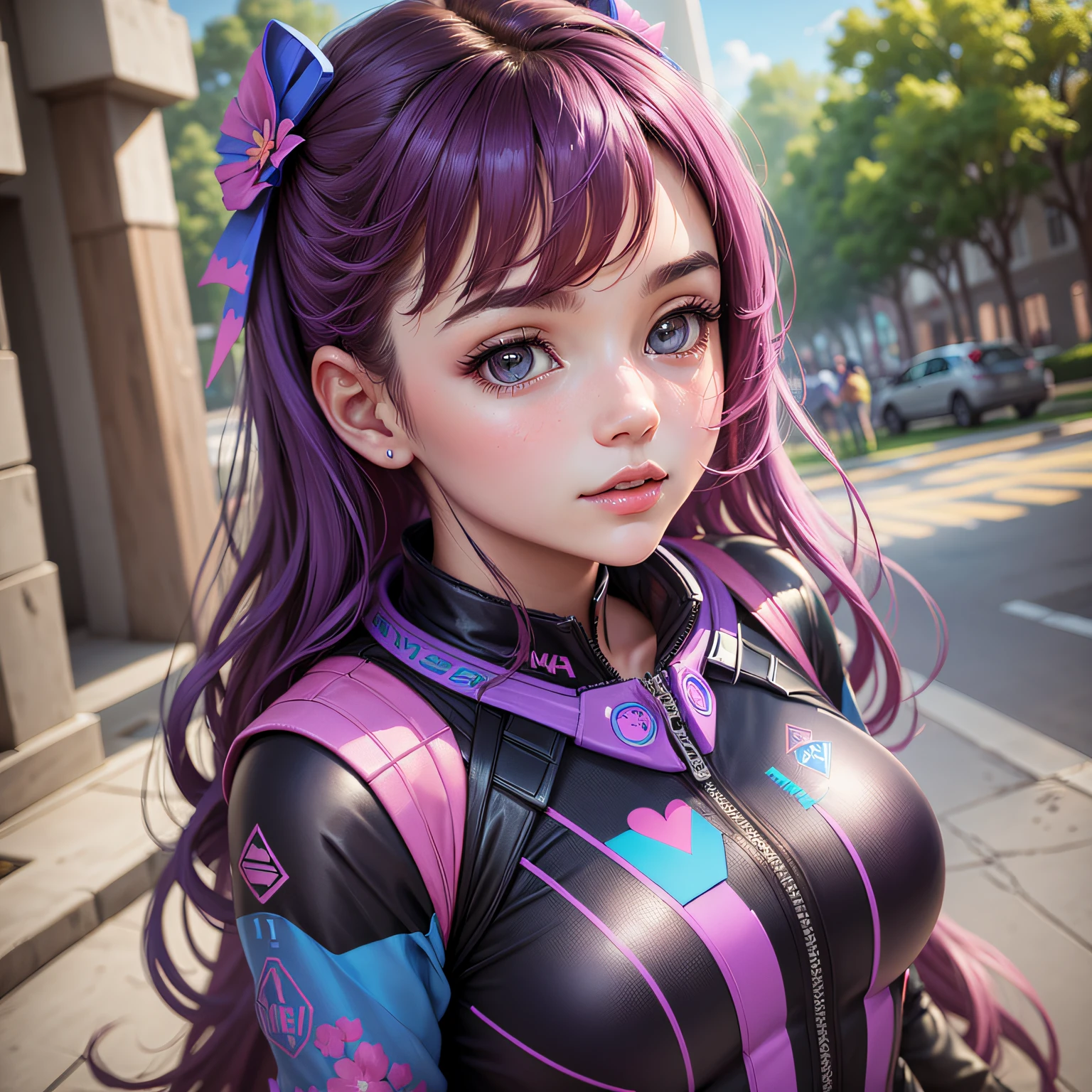 Feliz, sorridente, female, cabelo roxo, olhos vermelhos, melhor qualidade, ultrahigh-resolution, 1Menina, anime, estilo anime, manga, 4k