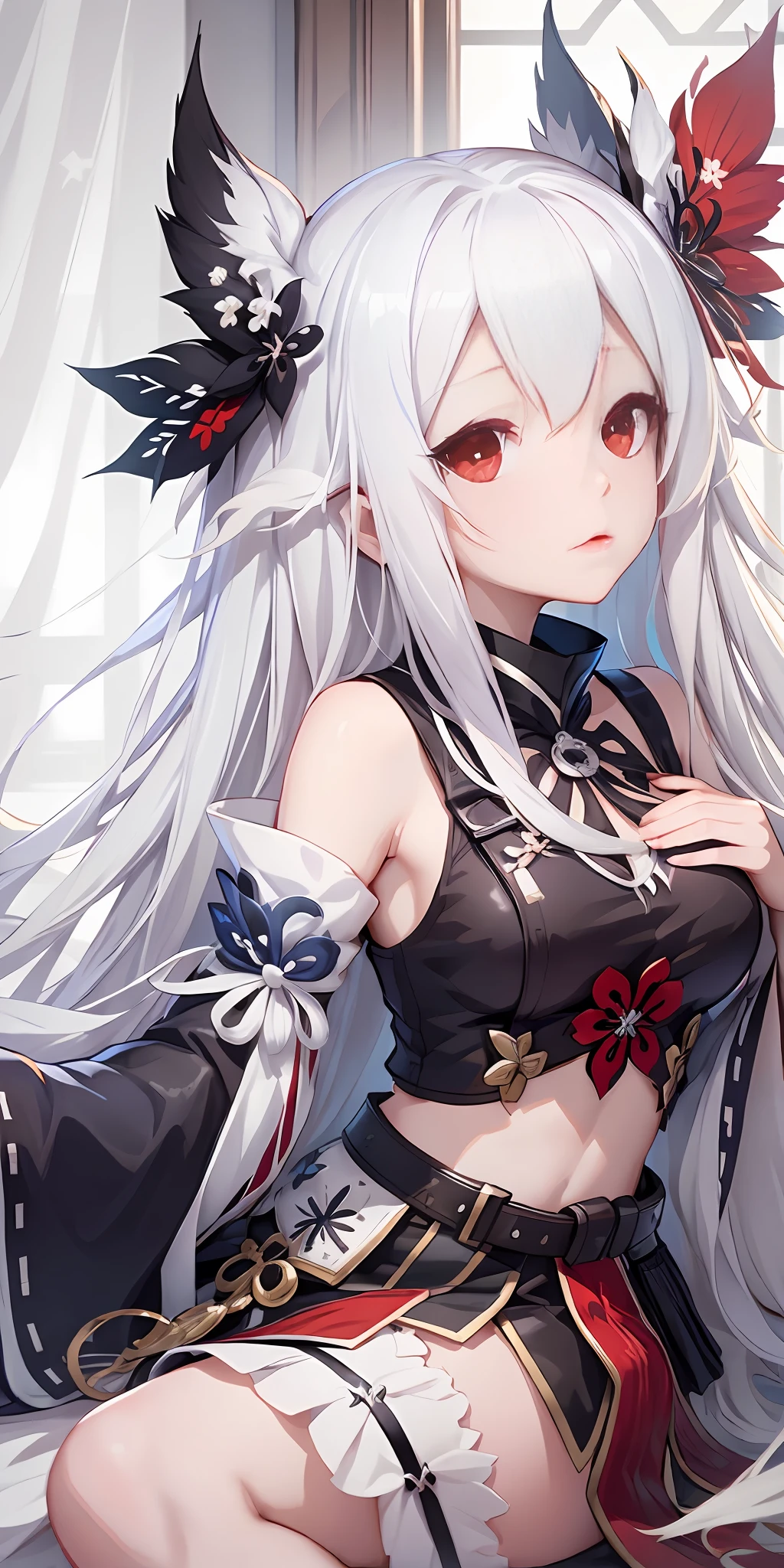 anime girl with long white hair and red eyes posing in front of a window, white haired deity, onmyoji, onmyoji portrait, onmyoji detailed art, from girls frontline, fine details. girls frontline, anime goddess, seductive anime girl, white haired, perfect white haired girl, white haired lady, white-haired, tifa lockhart with white hair