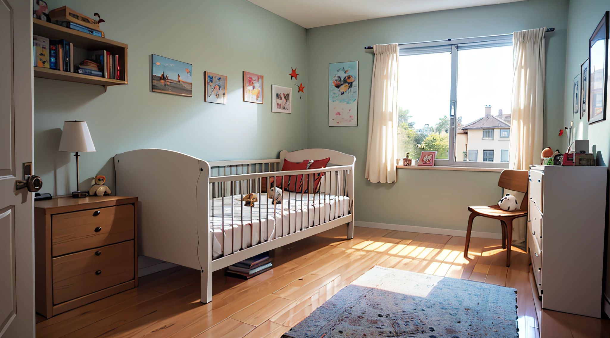 Um quarto bem decorado, com tons suaves e elementos relacionados ao universo infantil, as crib furniture, cortinas leves e brinquedos. --auto
