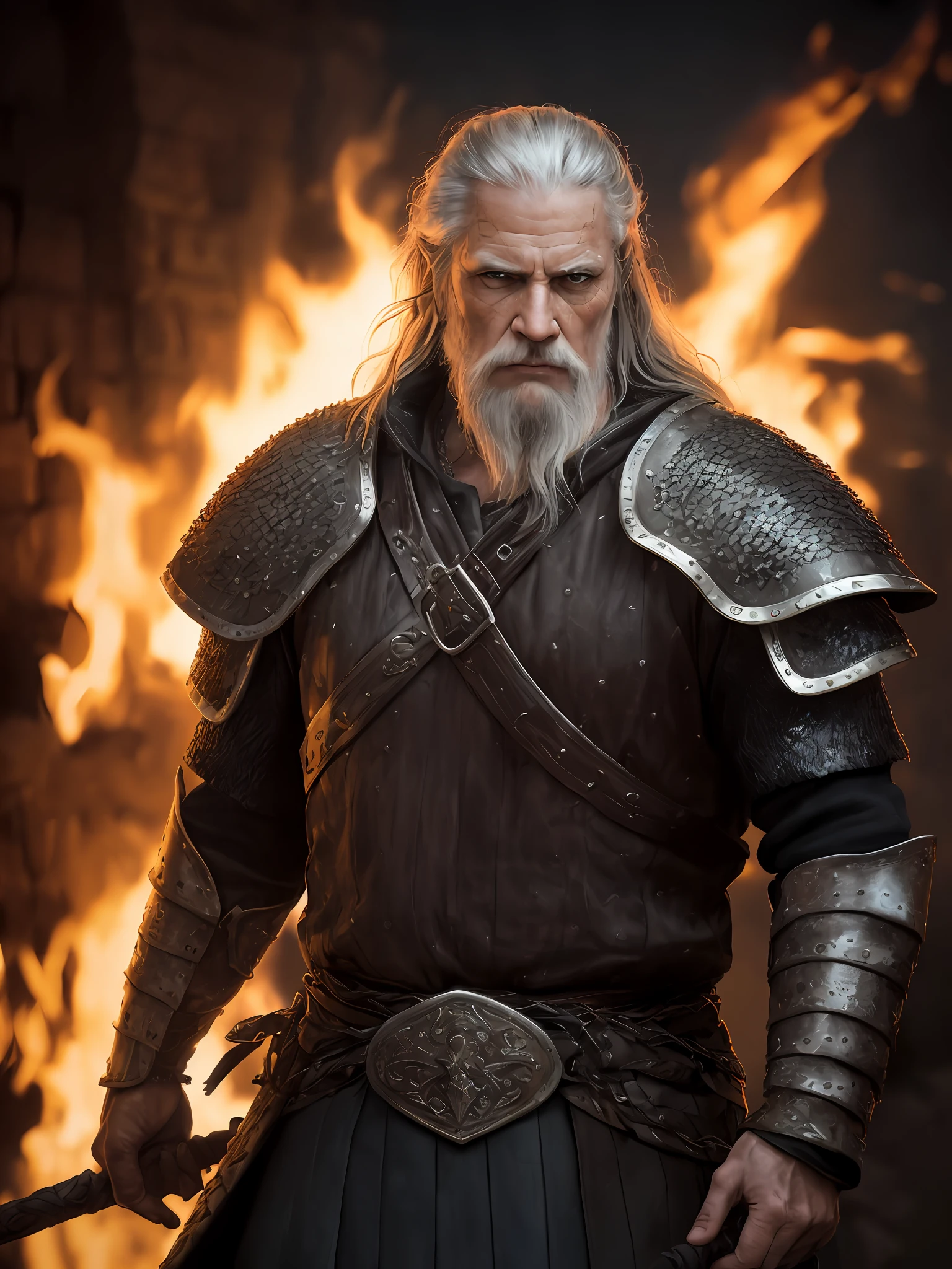 (Highest quality:1.3), cinematic shot, masterpiece, (sharp focus:1.5), (photorealistic:1.3), medium portrait of (a weary-looking but still proud and fierce-looking old Viking warrior, now the leader of his village, dressed in elaborately detailed chain mail and leather armour, a few torches burn on the walls, giving the scene a dark atmosphere but sculpting the forms in sharp chiaroscuro), it is night time, (highly detailed skin), (detailed face), detailed background, dark lighting, twilight lighting, volumetric lighting, intricate details, UHD,