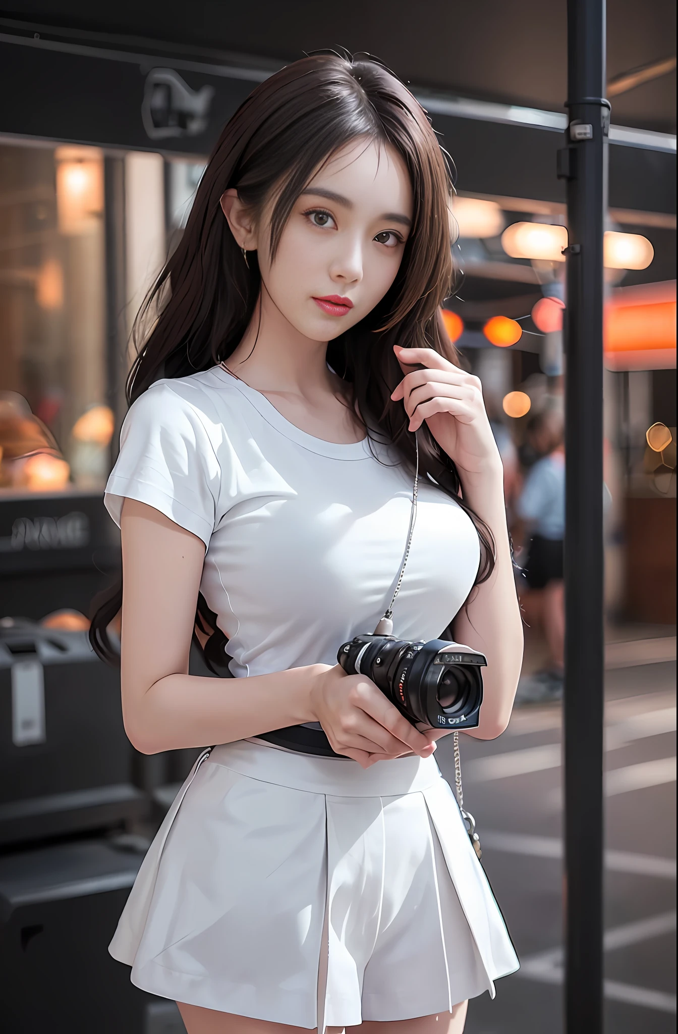 best quality, masterpiece, 1 girl, beautiful face, (photo photorealistic:1.3), edge lighting, (high detail skin:1.2), 8k ultra hd, dslr camera, high quality, high resolution, 4k, 8k, bokeh, ridiculous, best ratio four fingers and one thumb, (realistic:1.3), cute 1girl, wearing white t-shirt, , white short skirt,