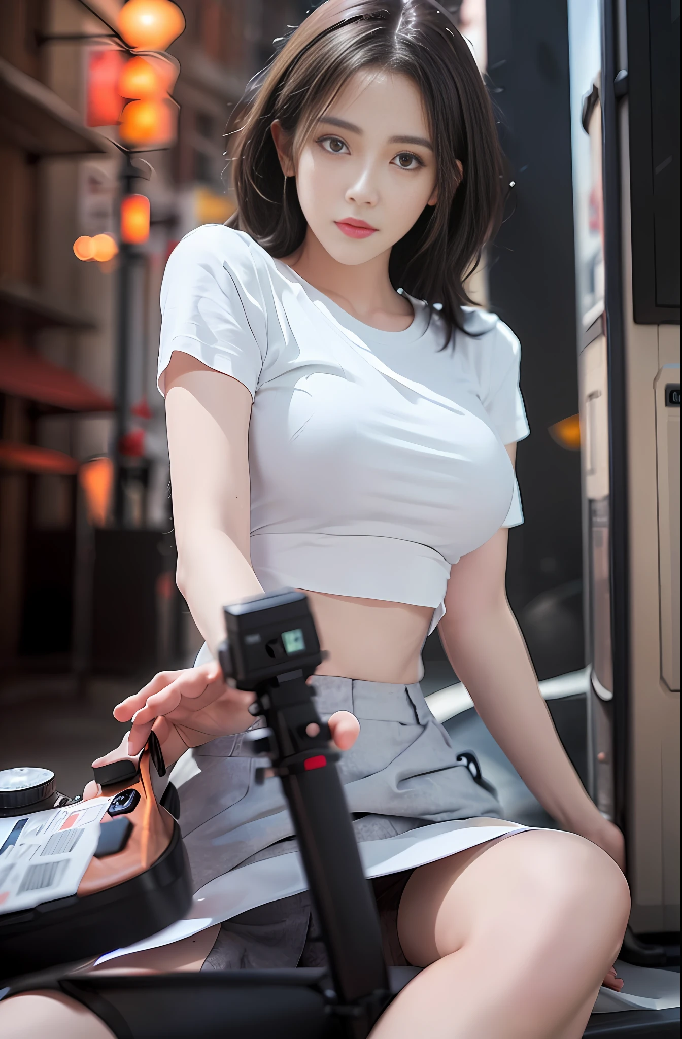 best quality, masterpiece, 1 girl, beautiful face, (photo photorealistic:1.3), edge lighting, (high detail skin:1.2), 8k ultra hd, dslr camera, high quality, high resolution, 4k, 8k, bokeh, ridiculous, best ratio four fingers and one thumb, (realistic:1.3), cute 1girl, wearing white t-shirt, medium breasts, white short skirt,