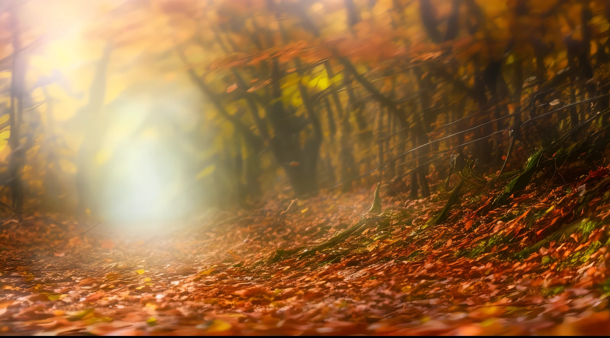 um close up de uma floresta coberta de folhas com um raio de sol, fundo do outono, floresta de outono, autumn season, luz solar suave do outono, luzes de outono suaves e difusas, dramatic autumn landscape, autumn leaves on the ground, folhas de outono caindo, outono, fundo das folhas de outono, fundo desfocado da floresta, na floresta de outono, Folhas de outono, Outono Bokeh, magical leafs falling, Fundo macio da floresta