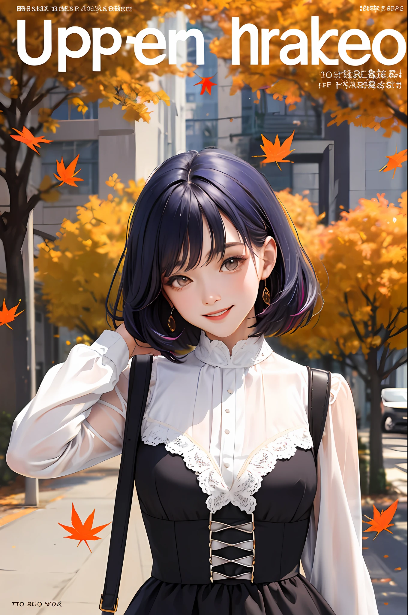 The Masterpiece，need，Autumn dress，the falling leaves🍂，text，Smile with，typesetting，Text box，Colored hair，al fresco，cover of a magazine，upper-body，