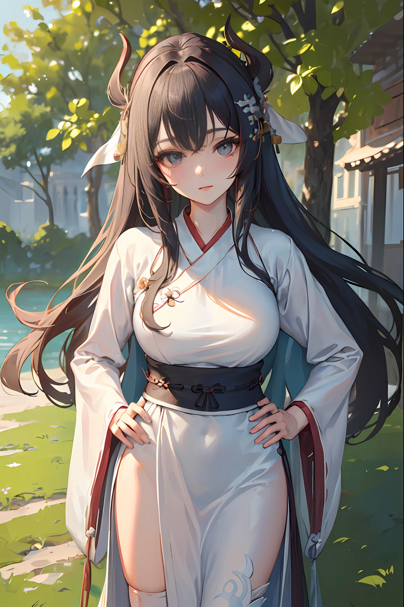 (masterpiece:1.5),(best quality:1.5),(ultra-detailed:1.5),illustration,cowboy shot,1girl,solo,(buildings),perfect face,lustrous skin,long hair,beautiful detailed eyes,beautiful flowing hair,(ru_qun:1.5),(hanfu:1.5),chinese clothes, white dress,white thighhighs, (bloom),lighting, ray tracing,outdoors,  mountains, nature,hair ornament, hair ribbon,hand on hip,looking at viewer,ahoge,large breasts, (deep depth of field:1.5),hair ornament, forest,barefoot sandals