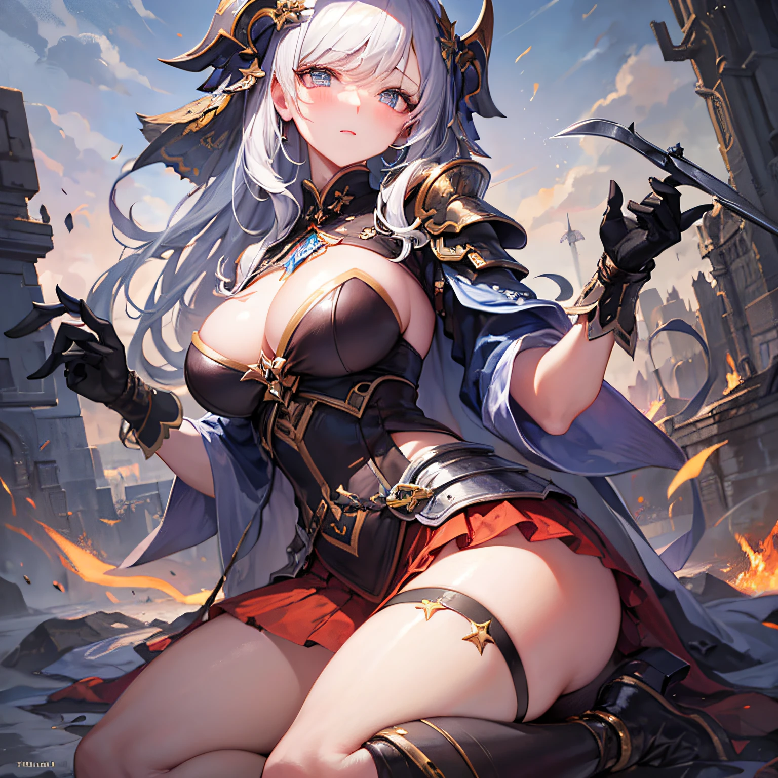 Peerless beauty,Perfect slim body,Mature royal sister face,Double ponytail curls,Knight armor,Sexy and seductive,Nice face,Full body like,4K quality,Feminine expression,Blush shyness,Star-like deep eyes,Huge breasts,short miko skirt,Knife pulling posture。Overflowing bust,Fight Warcraft,speed lines,best possible quality,The Masterpiece,Magnificent background,On the battlefield,Clothes burst