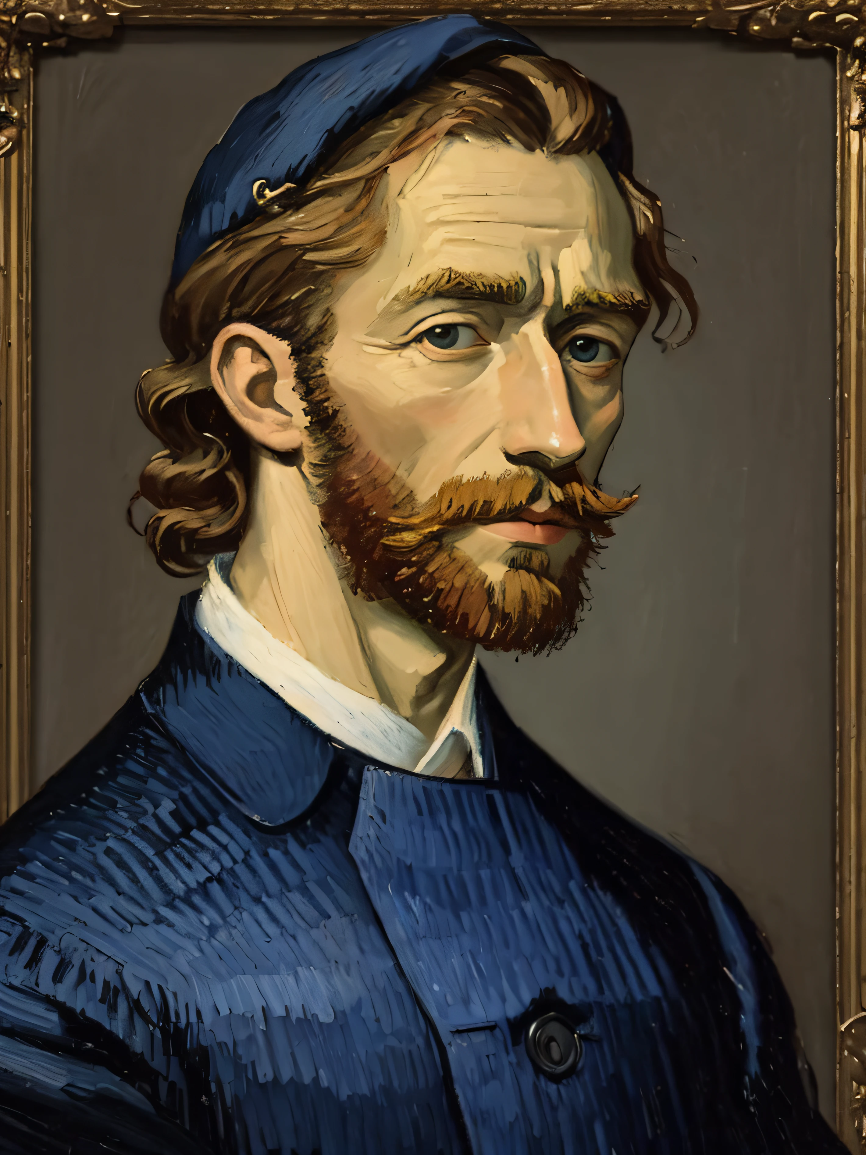 oil portrait on canvas of the painter vincent van gogh in his style and with his particular brushstroke in clothing of his time, con su pelo bigotudo y escasa barba rojiza, sus grandes entradas frontales, su mirada loca perdida y profunda, Fondo claro derecho pintado con pinceladas finas y delicadas, Obra maestra, (((fondo de fondo plano uniforme muy oscuro)))