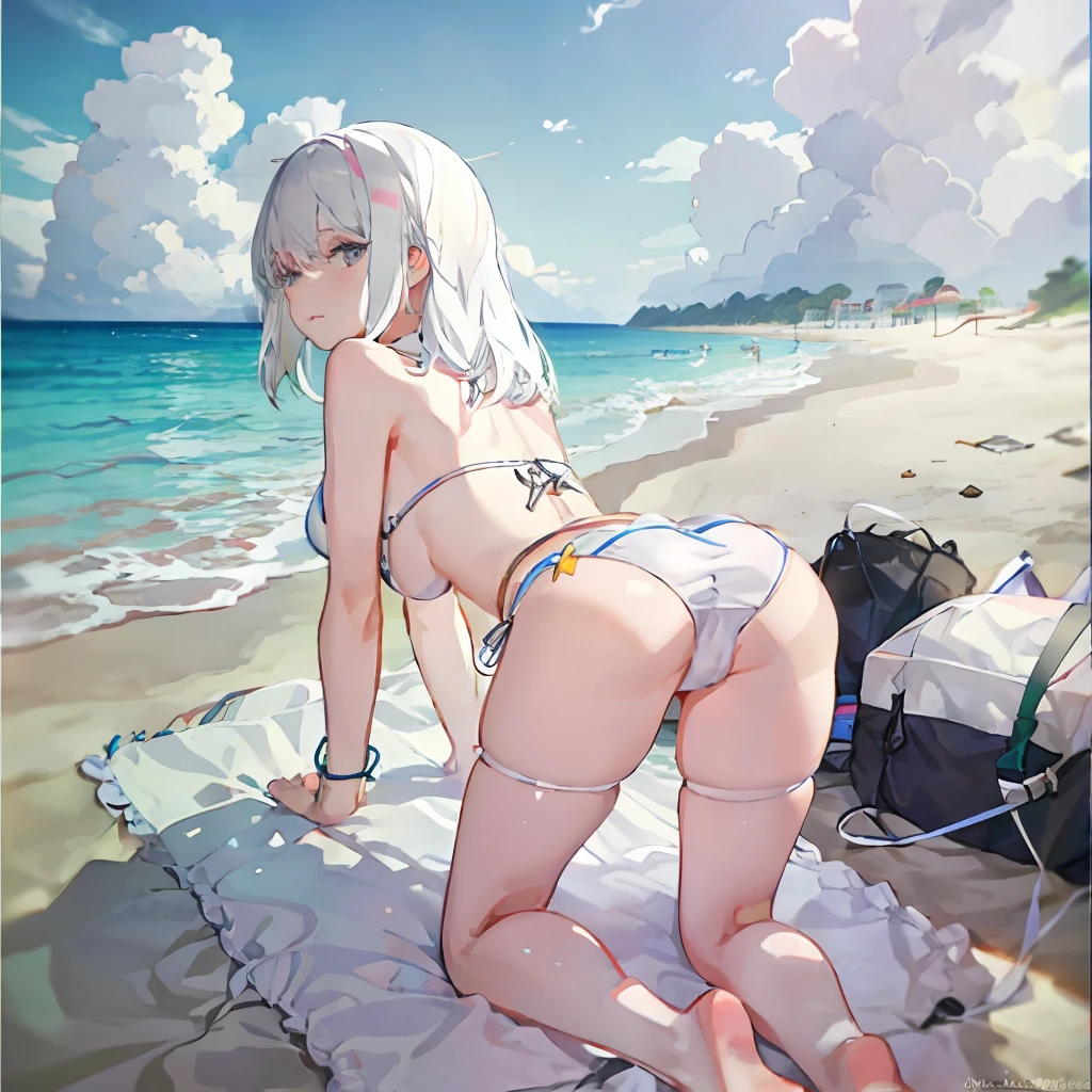 1girl, white hair, multicolored hair, bikini, beach, wait up ass