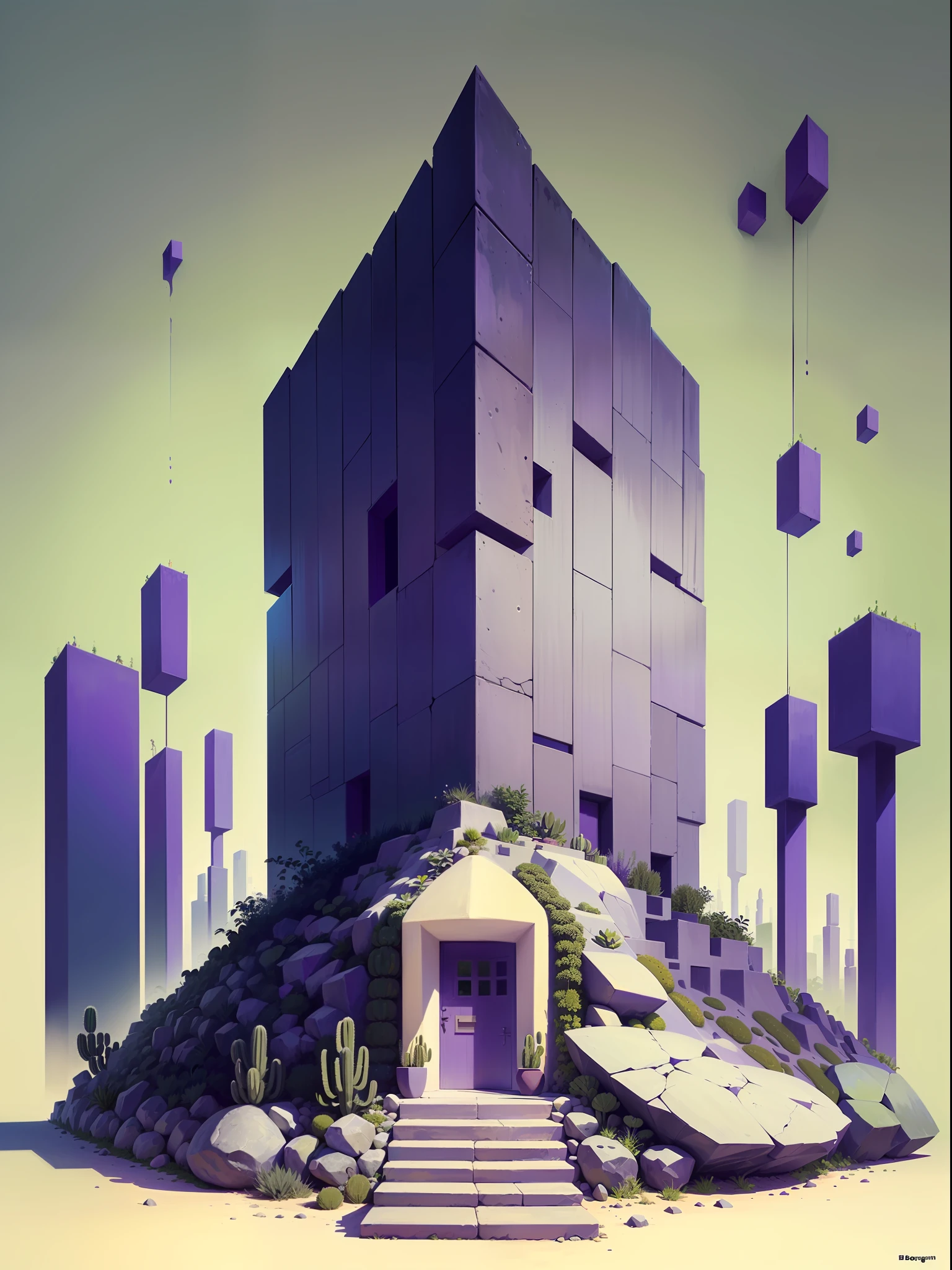 Illustration, a garden whit abundant cacti, various organic sculptures, big rocks, (((multiple sections))), collage style, detailed, (((color palette olive green, violet, grey, blue, black and white))), (((a lot Luis barragán's architecture style builds)))
