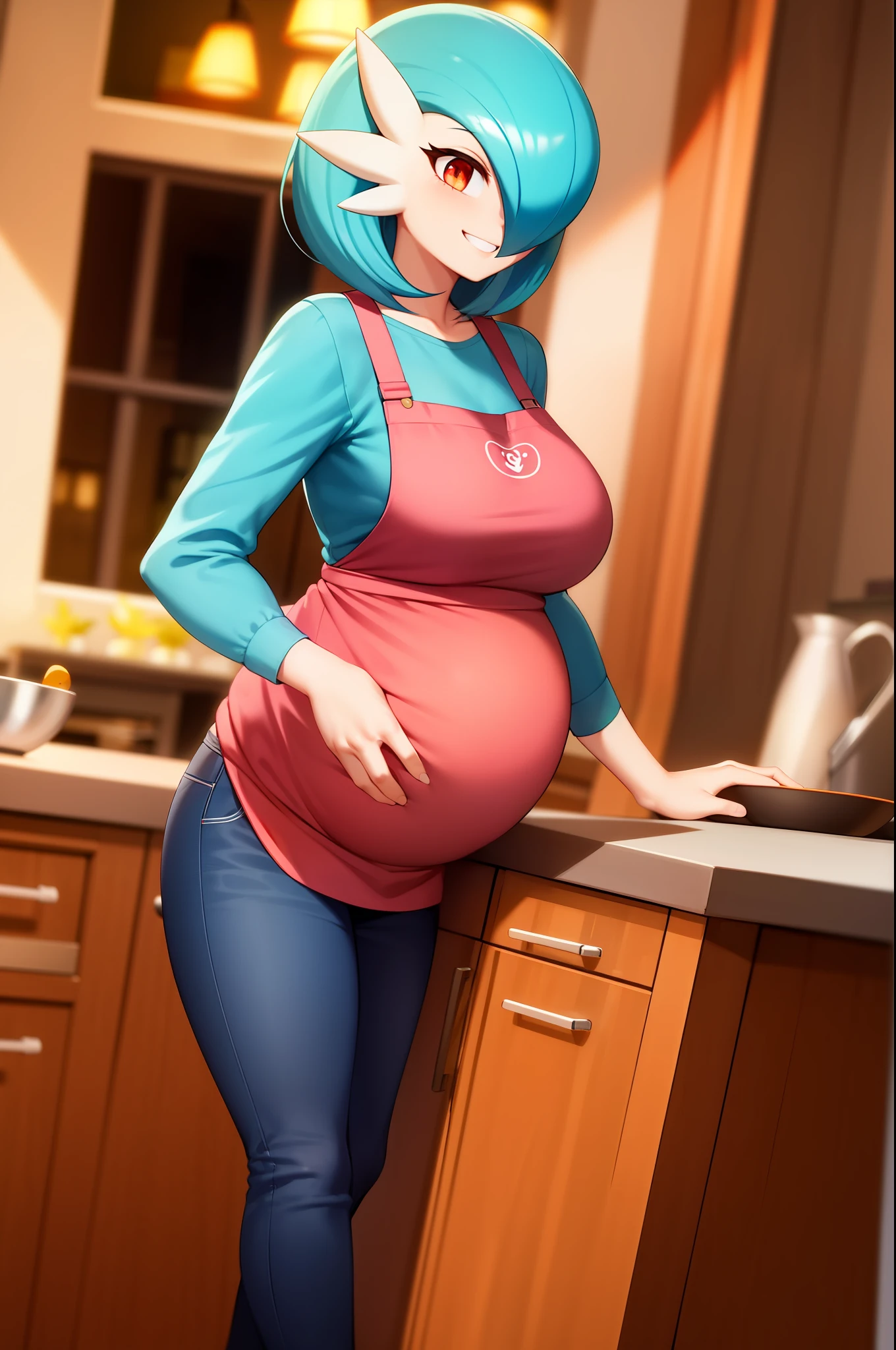Masterpiece, best_quality, 1girl, solo, gardevoir, pokemon \(creature\), blue hair, red eyes, detailed eyes, in a kitchen, night stage, it's night, casual clothes, blue pants, white blouse, low-cut blouse, medium breasts, pregnant, wears a black apron, hands on the back, smiling, is behind a table that has several dishes.