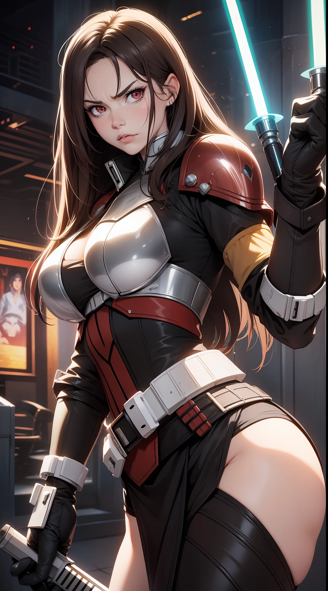 Adult woman, long brown hair, red eyes, angry, Mandalorian armor, black lightsaber, Masterpiece, hig quality