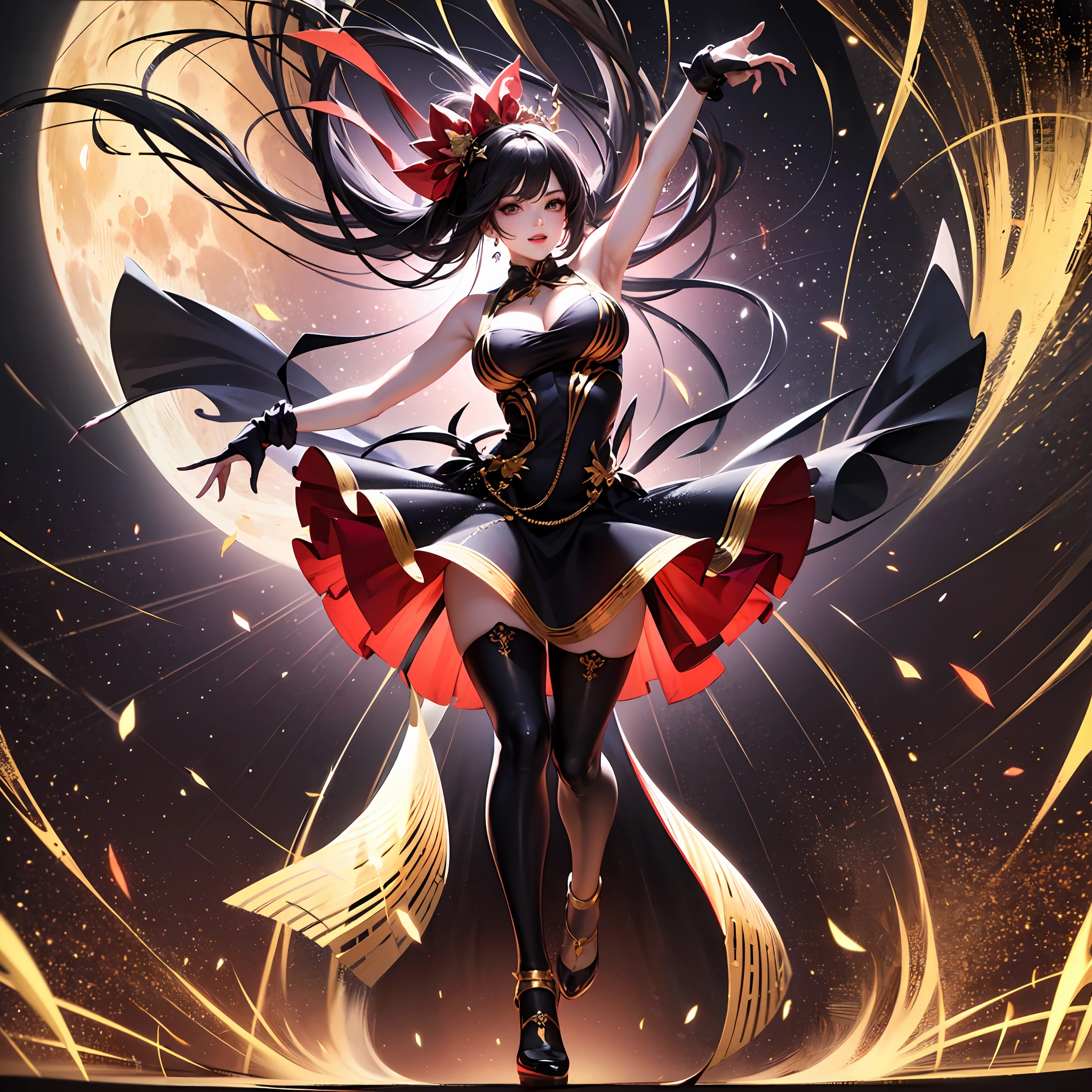 ultra high quality, super dynamic full body of 1 young girl dancing on stage, speed lines for dancing, with the huge moon in the background,midnight , black shiny hair,makeup,happy,trance, wearing long and fluttering dress and ribbons , anatomically correct,