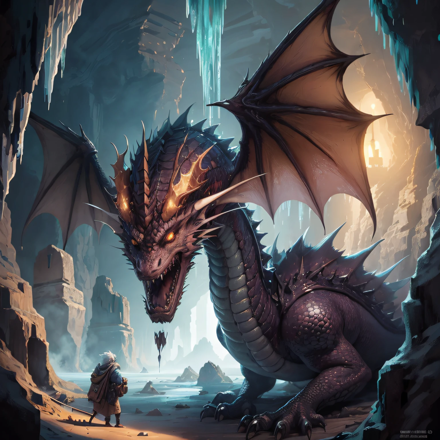 ((Amazing illustration, qualidade superior, Tibia game),(Ice dragon),(8k),(Olhos vermelhos), (escamas pretas), (caverna))