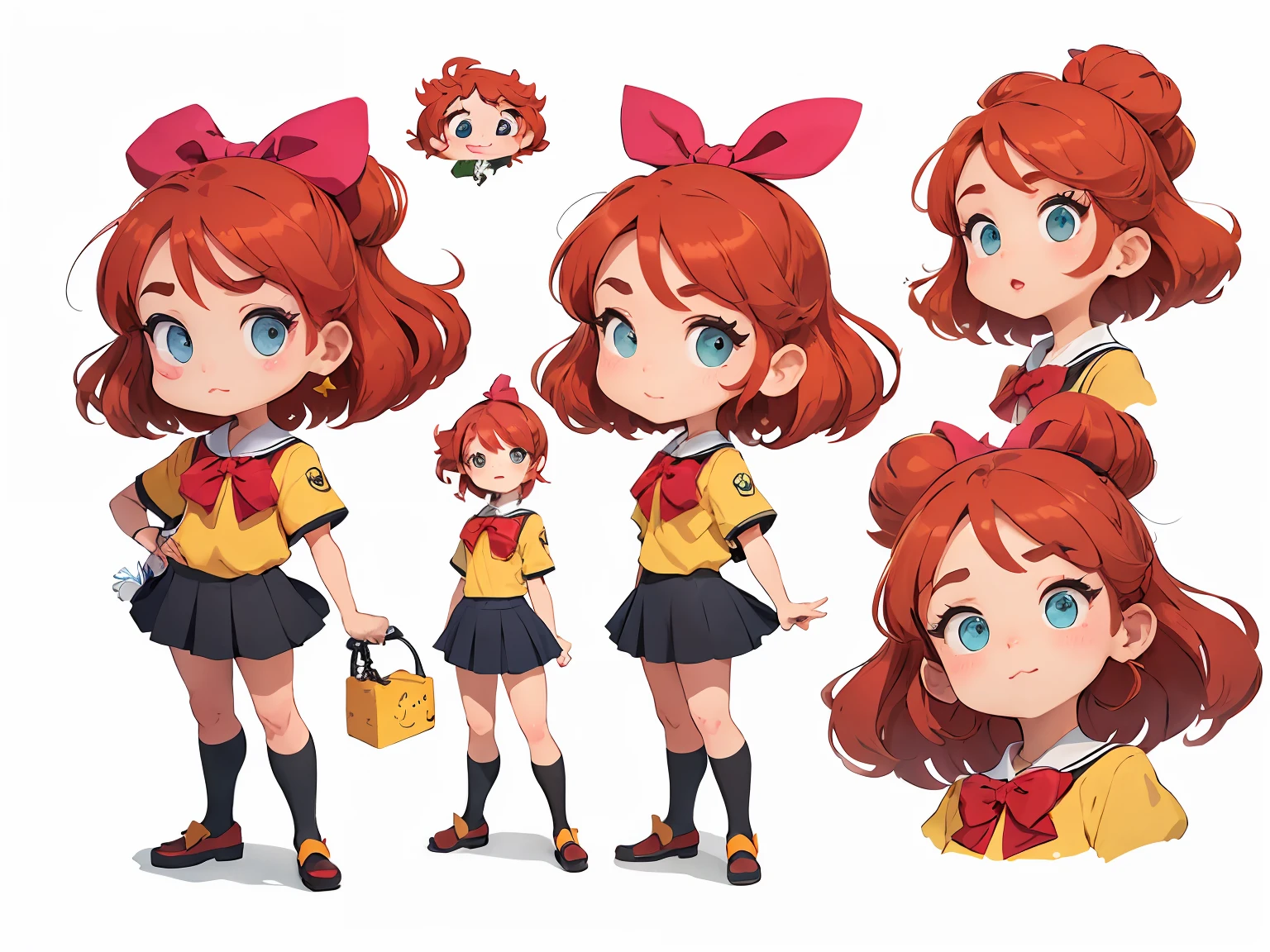 menina 9 anos estilo cartoon bem infantil. kidny. personagem para capa de ebook infantil. Curly and red hair up to the shoulder. Bow on pink head. Olhos castanhos e grandes. pele branca. mesmo personagem. wearing dark blue skirt and white blouse as high school uniform. Meia branca e sapato preto, estilo cartoon. various poses, same character deta reference --auto --s2