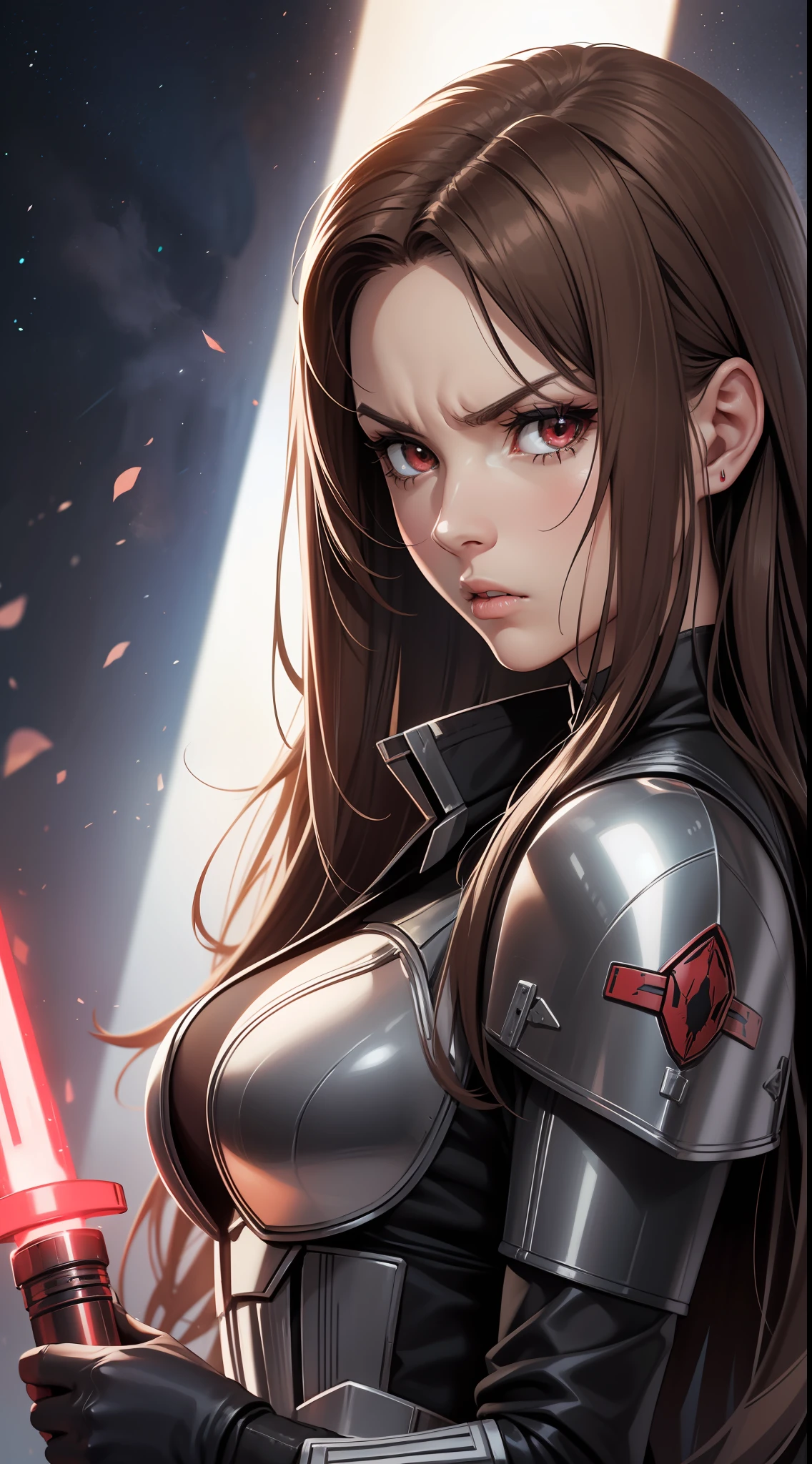 Adult woman, long brown hair, red eyes, angry, Mandalorian armor, black lightsaber, Masterpiece, hig quality