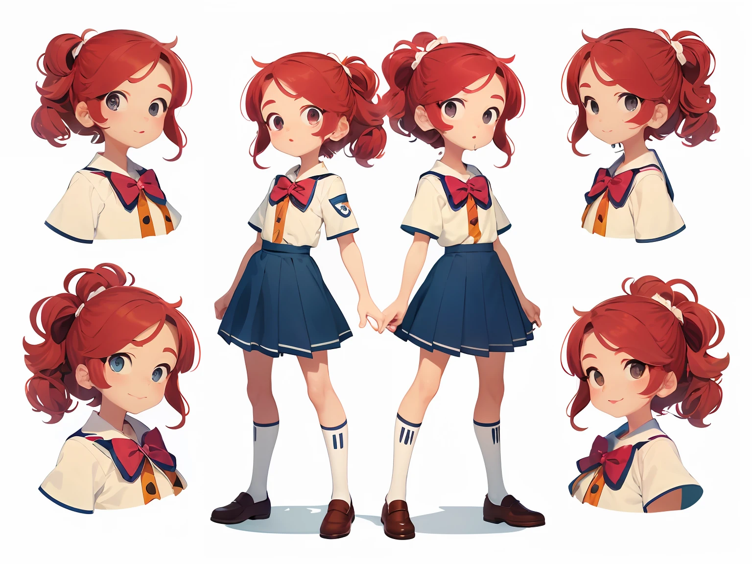 9 anos estilo cartoon bem infantil. kidny. personagem para capa de ebook infantil. Curly and red hair up to the shoulder. Bow on pink head. Olhos castanhos e grandes. pele branca. mesmo personagem. wearing dark blue skirt and white blouse as high school uniform. Meia branca e sapato preto, estilo cartoon. various poses, same character deta reference --auto --s2