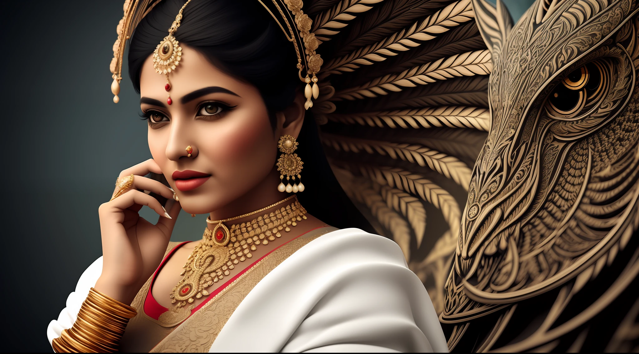 analog style, digital art of an indian woman in white dragon dress, 8k, intricate details, detailed face and eyes,(rendered eyes)