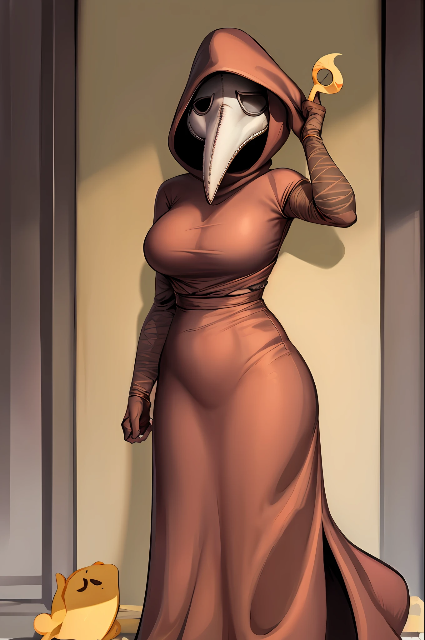 plague doctor, 1girl, solo, capuz, masking, coxas, luvas, sem rosto, plague doctor mask, deitada de costas, visao traseira, olhando sobre o ombro, bunda media, coxas curvadas