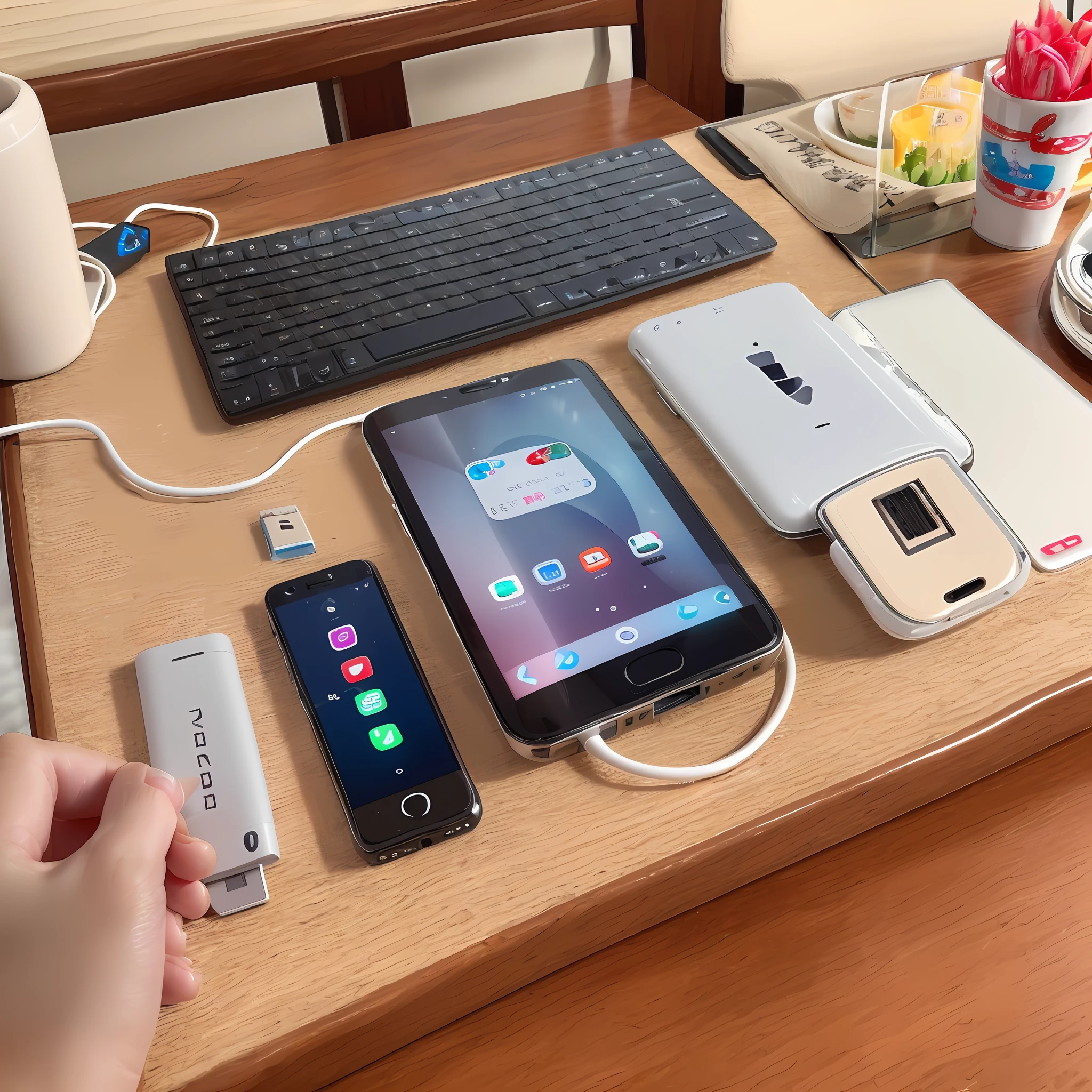 There is only one USB stick on the table,Do not appear any text symbols on the surface of the USB disk,A little decoration on the table,Give this USB stick a close-up,Overall bright style。