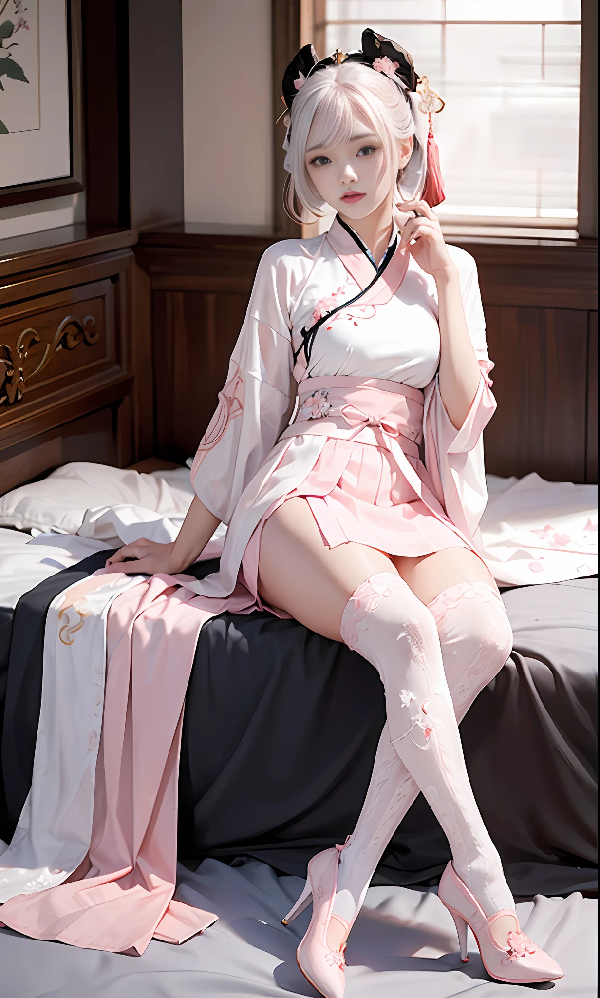 Chinese style, white hair, Chinese clothing, Tang style Hanfu, Hanfu, ((((pink and white skirt)), embroidery, over-the-knee socks, high heels, interior, bed